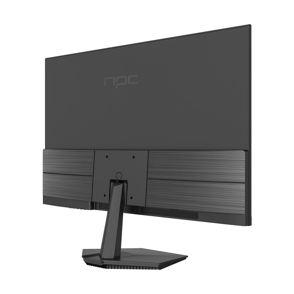 Fırçalanmış metal detaylı bir stand üzerinde siyah NPC bilgisayar monitörünün arkası.