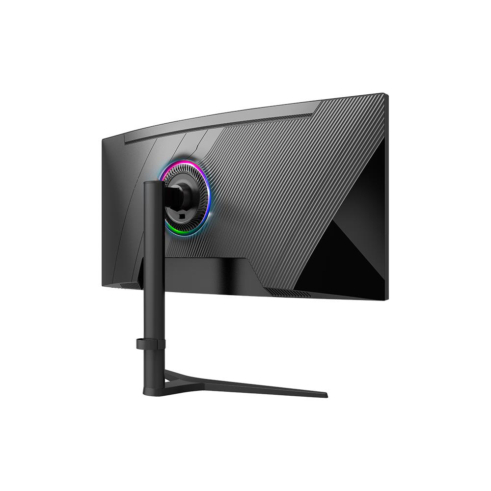 Beyaz arka planda stand bağlantısı çevresinde RGB aydınlatmalı halka bulunan siyah oyun monitörünün arkadan görünümü.