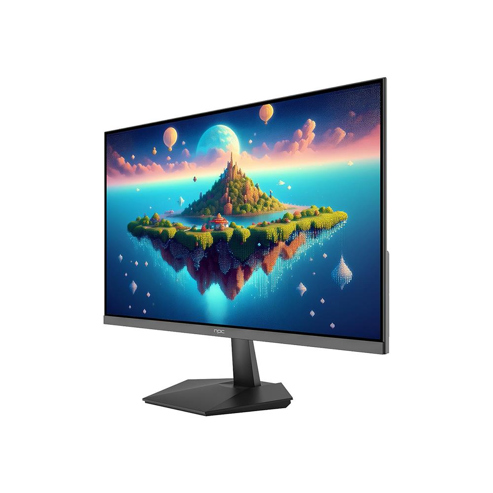 Yüzen adaların olduğu renkli bir fantezi manzarası gösteren siyah bilgisayar monitörü.