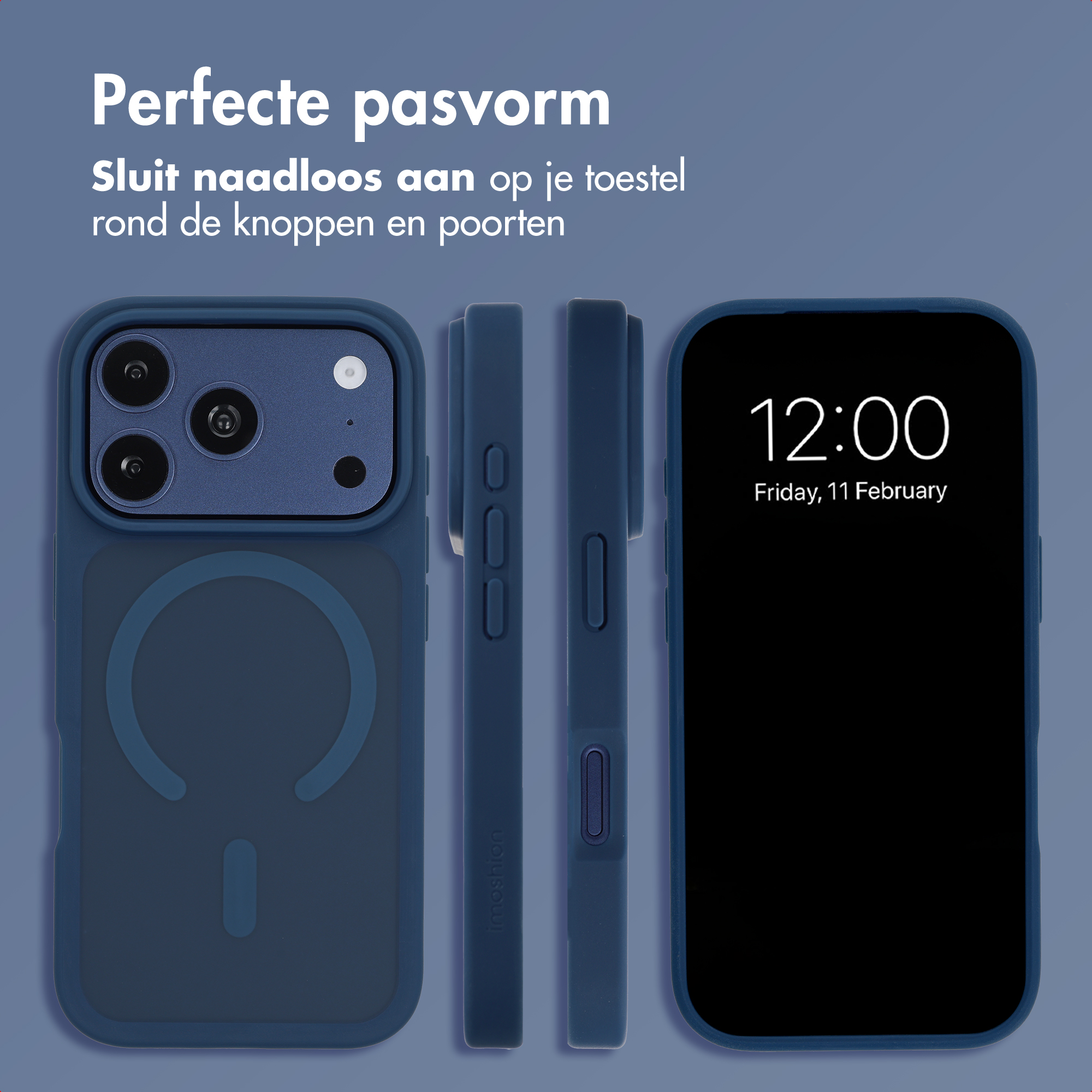 Coque de smartphone bleue sous plusieurs angles avec texte en néerlandais sur fond bleu.