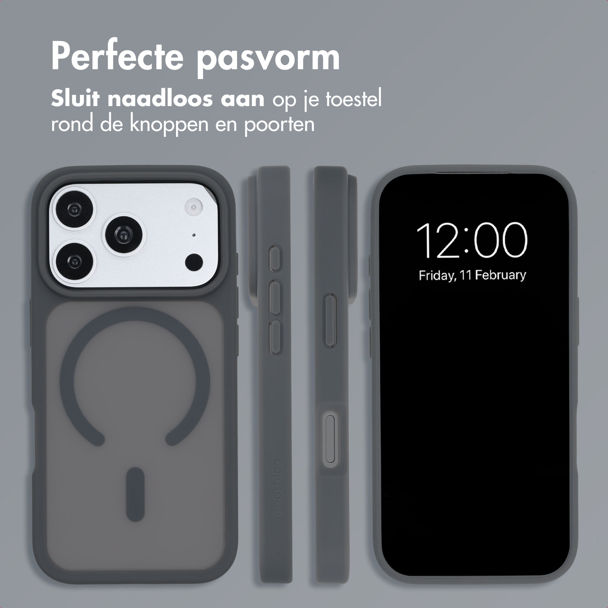 Coque de smartphone grise sous différents angles avec un anneau MagSafe et du texte en néerlandais.