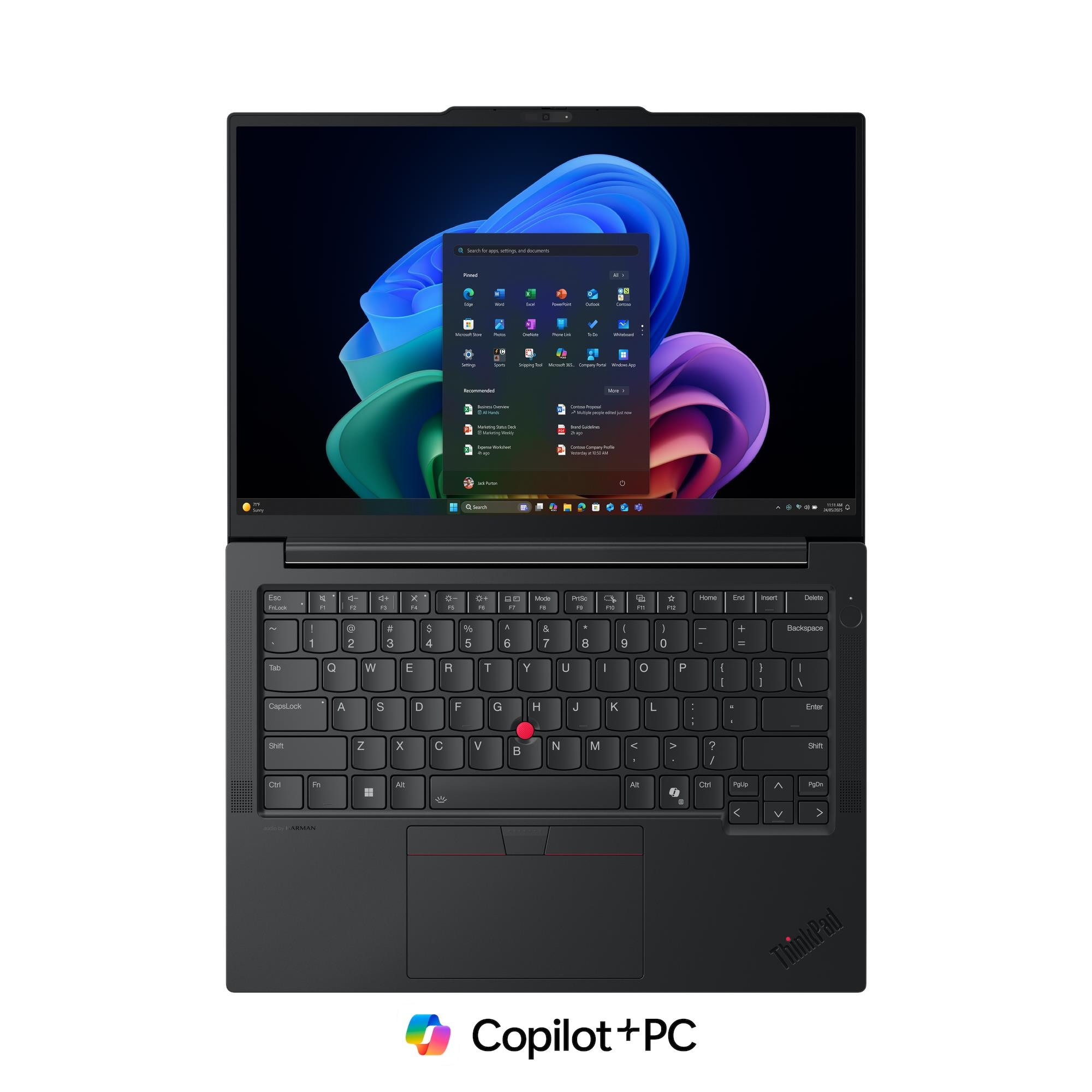 Un laptop ThinkPad nero con Windows 11, sfondo colorato e menu Start aperto.