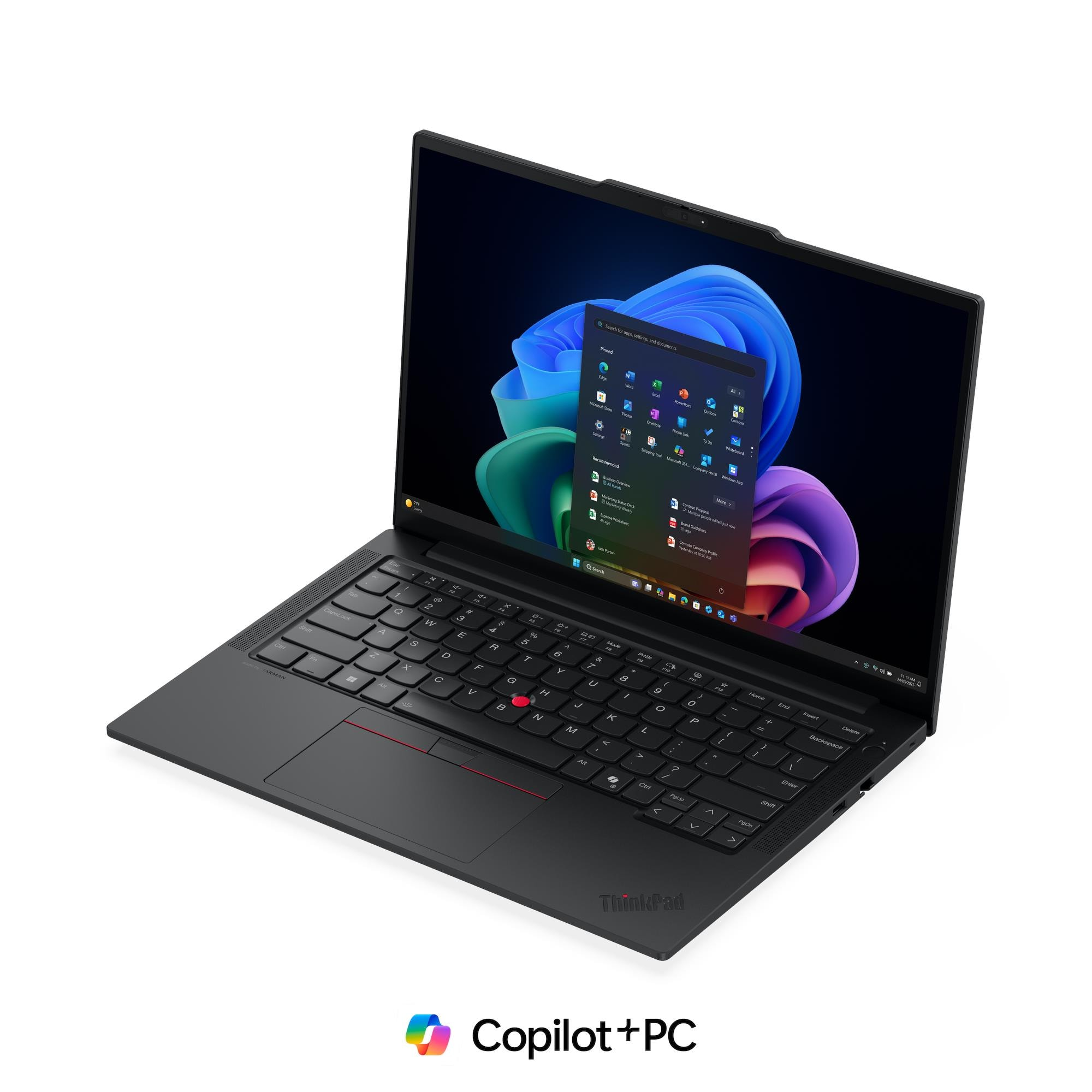Un laptop ThinkPad nero aperto mostra un desktop Windows con uno sfondo colorato e il logo Copilot+PC.