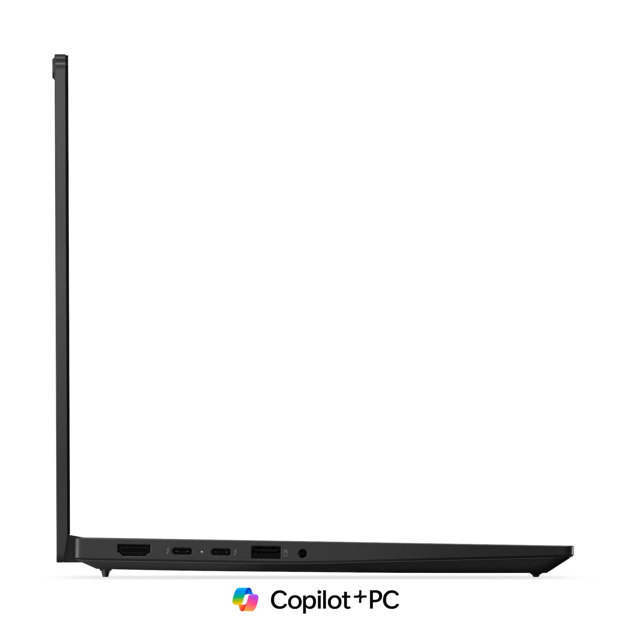 Profilo laterale sinistro di un laptop nero su sfondo bianco, con porte e logo Copilot+PC.