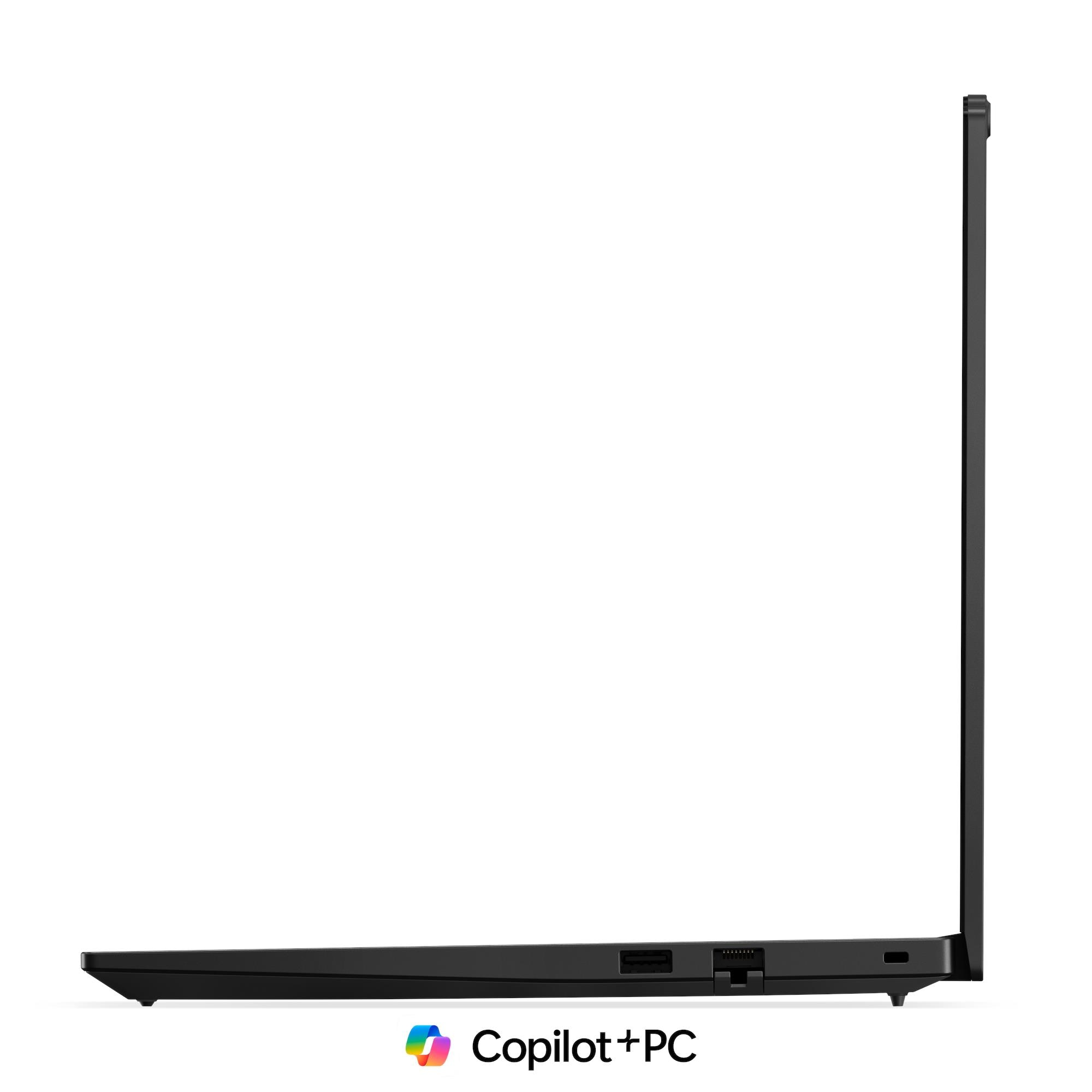 Vista laterale di un laptop nero sottile su uno sfondo bianco.