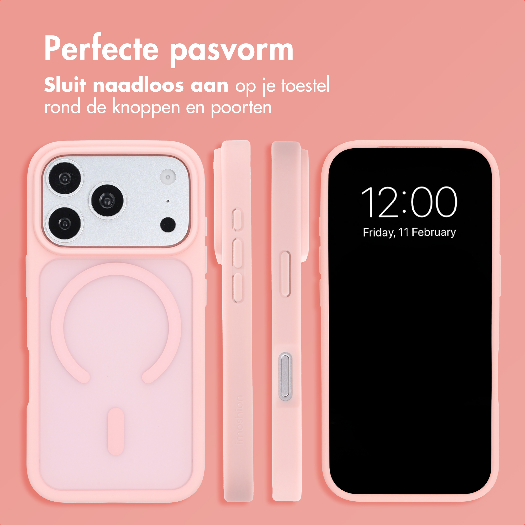 Coque de smartphone rose sous plusieurs angles sur fond rose.