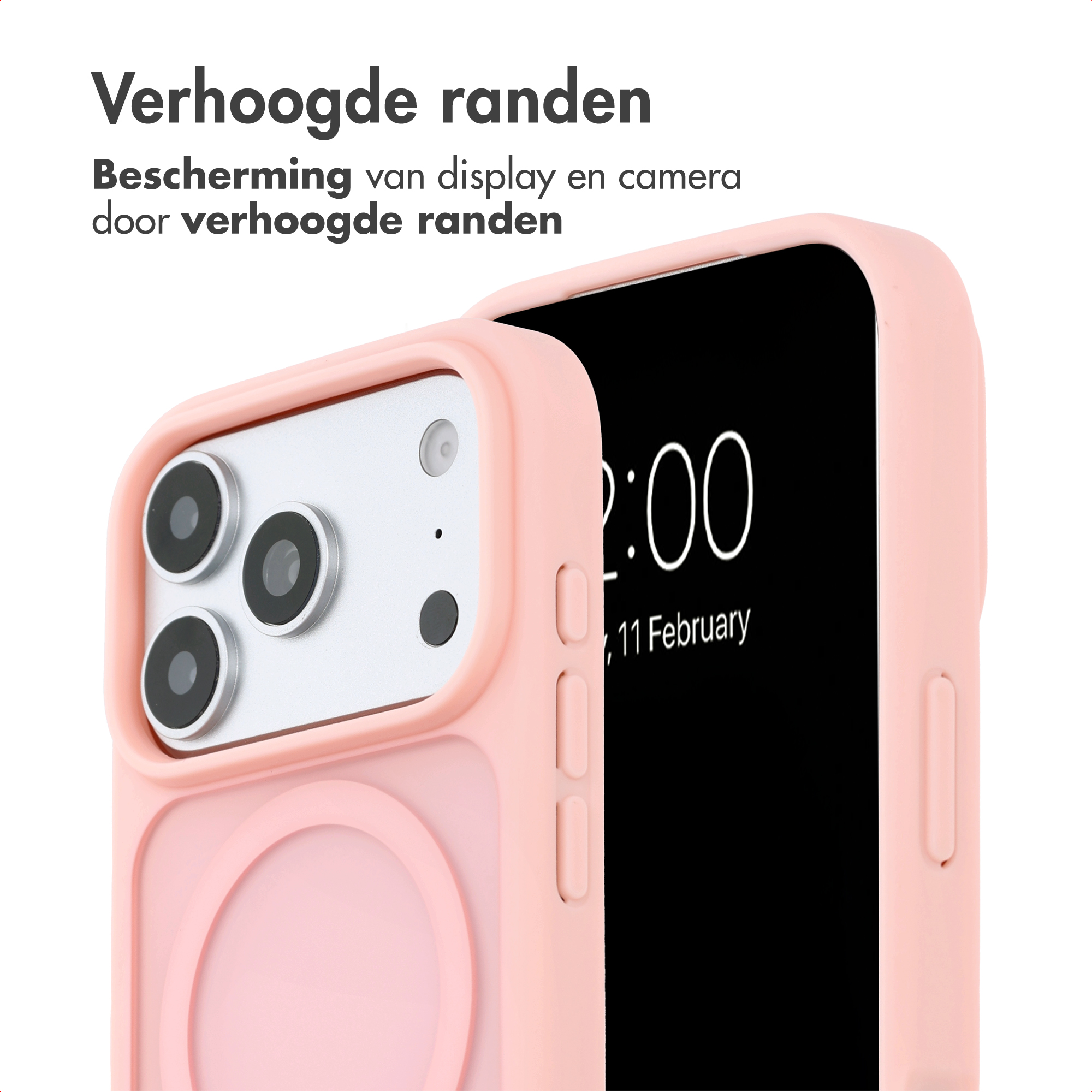 Coque de téléphone rose montrant des bords surélevés pour la protection.