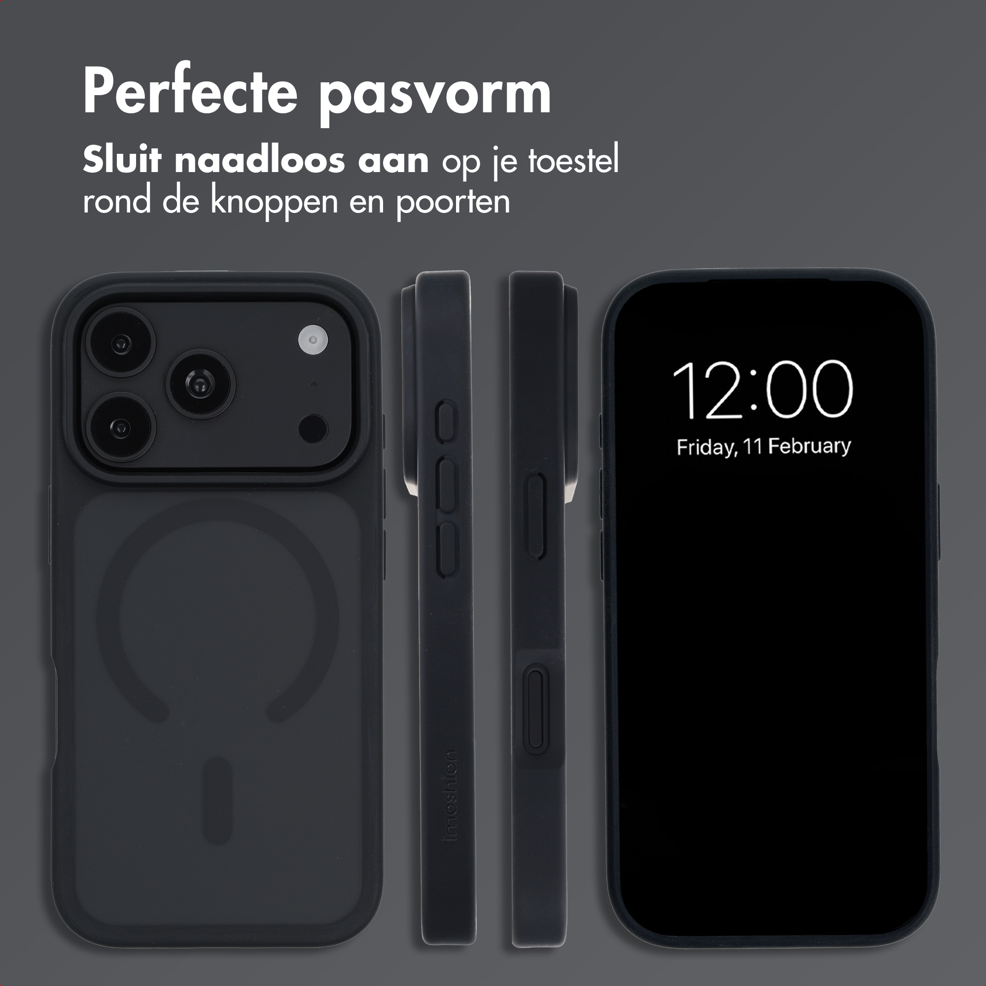 Coque de téléphone noire présentée sous plusieurs angles avec du texte au-dessus.