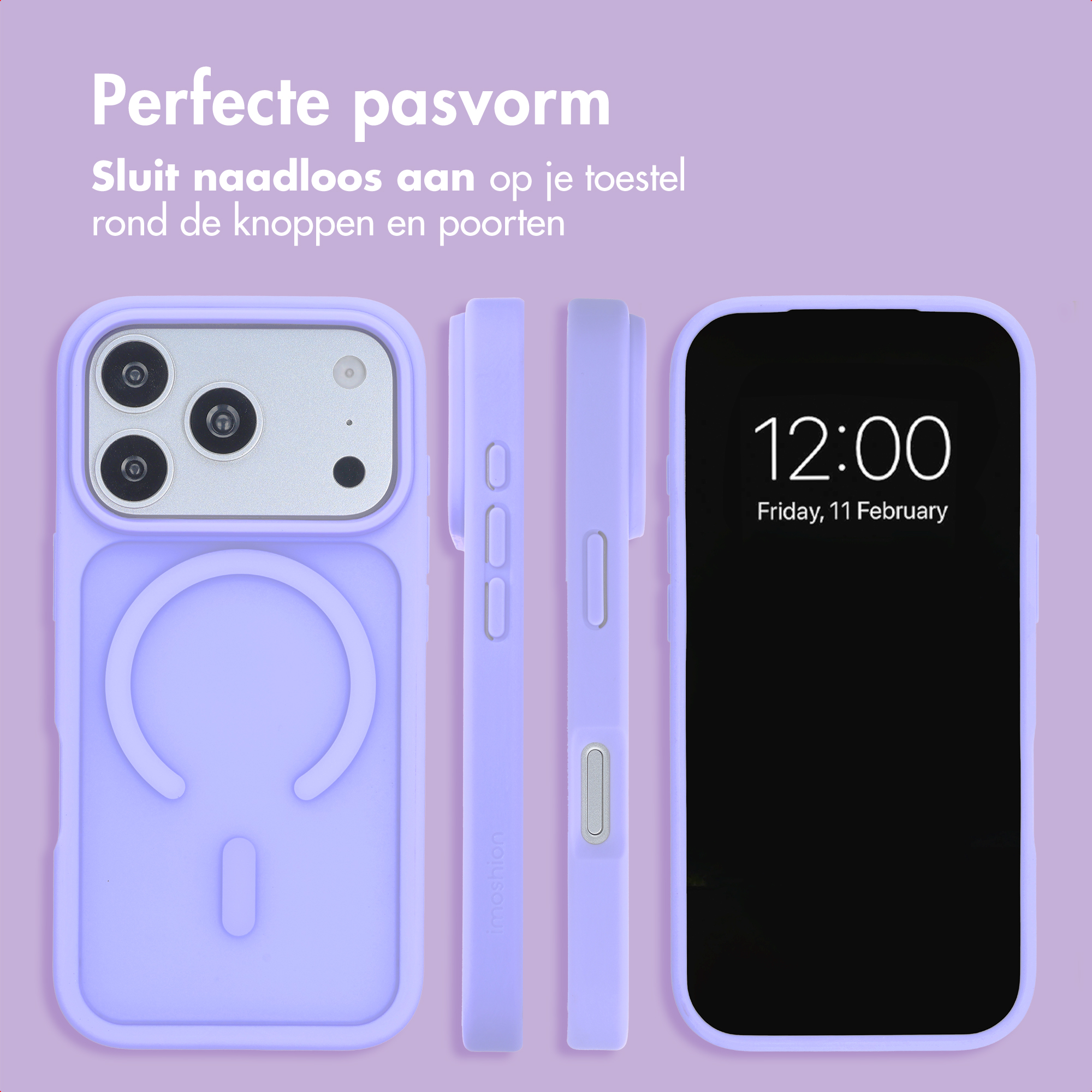 Coque de téléphone violette sous plusieurs angles sur fond violet avec du texte.