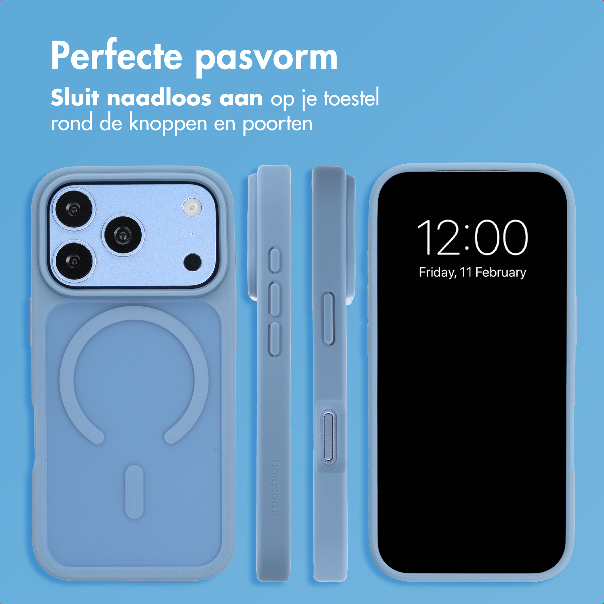 Coque de téléphone bleue avec anneau MagSafe, présentée sous plusieurs angles sur fond bleu avec du texte néerlandais.
