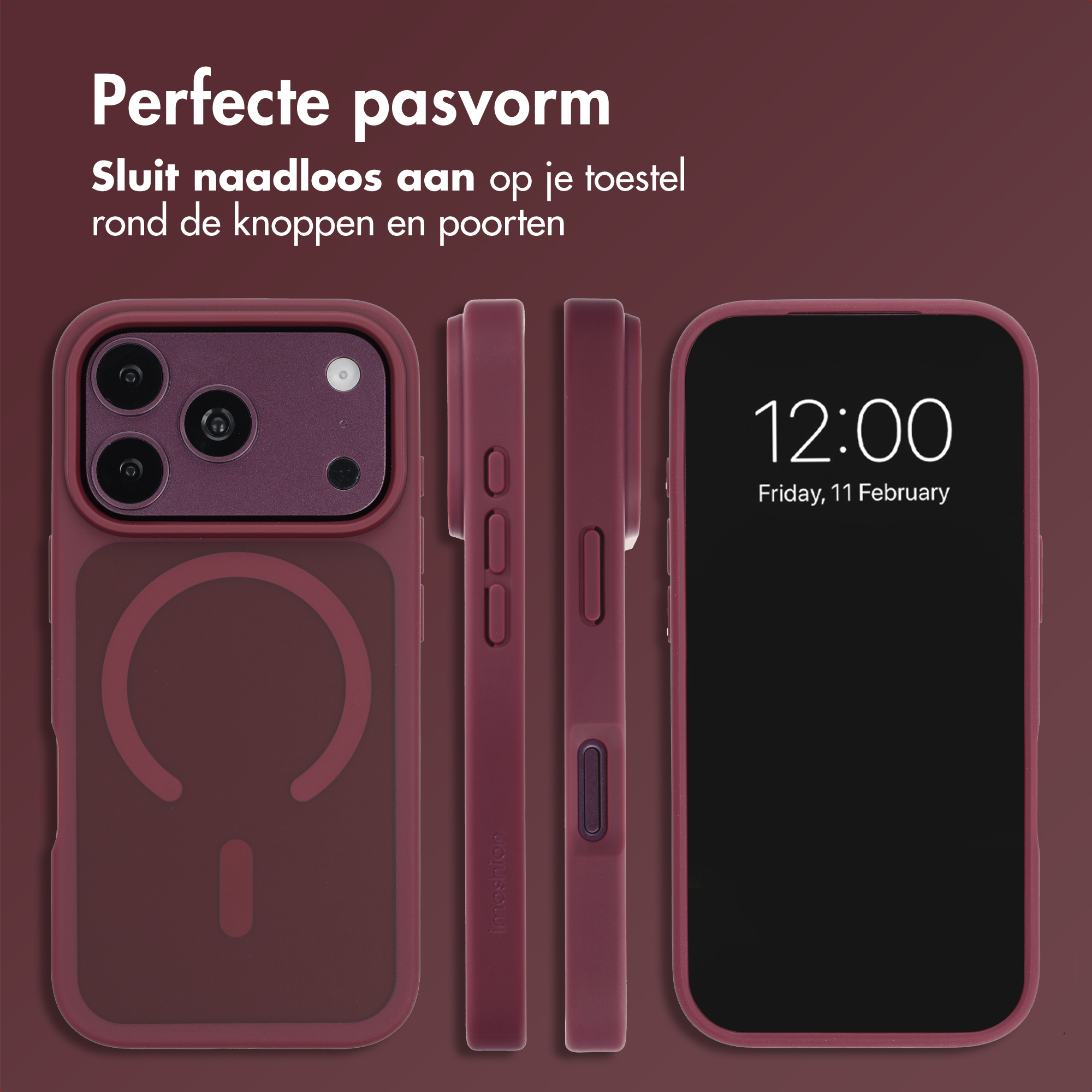 Coque de protection rouge foncé pour smartphone avec découpes pour caméras, boutons et écran sur fond rouge.