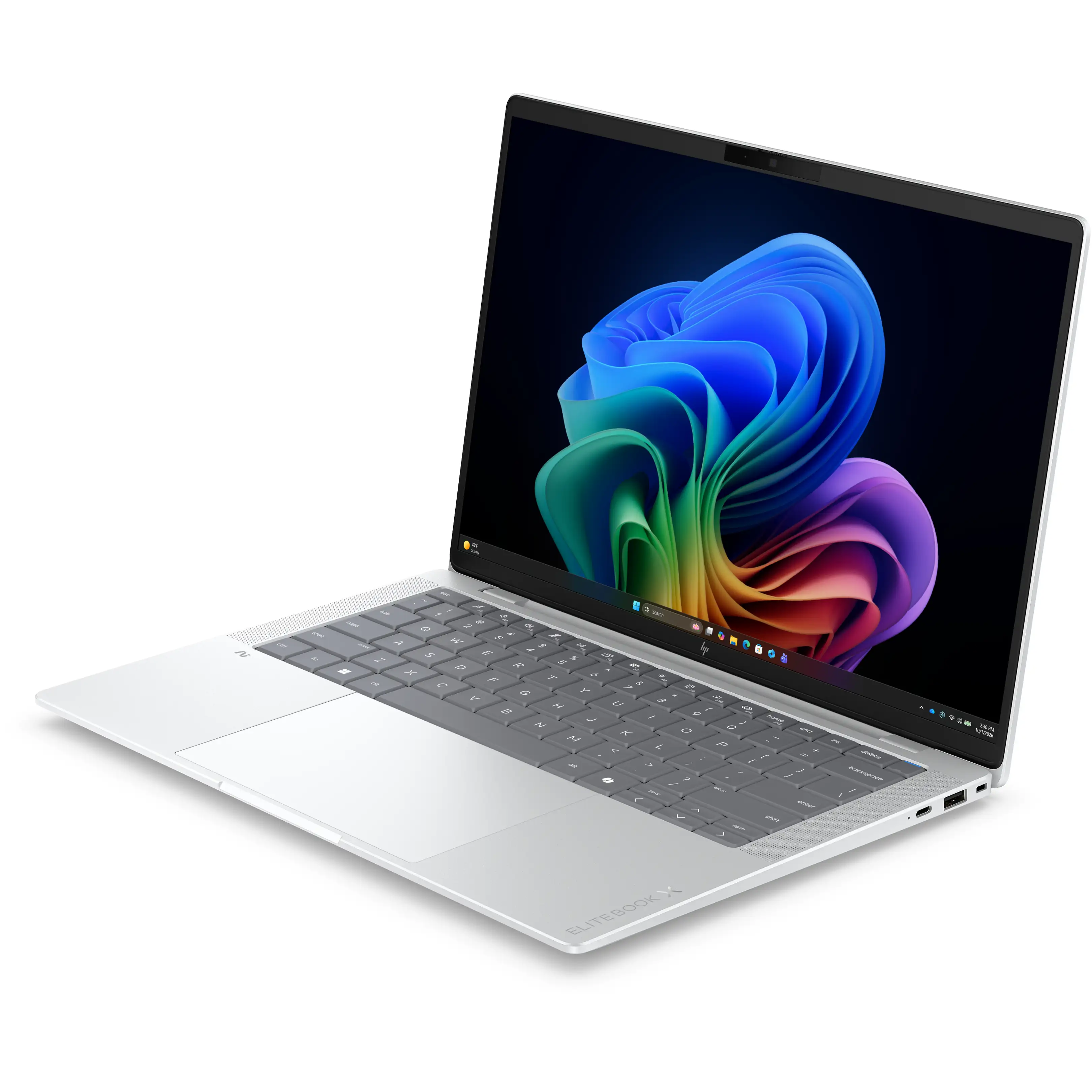 Un laptop HP EliteBook argento su sfondo bianco, con uno sfondo dello schermo astratto e colorato.