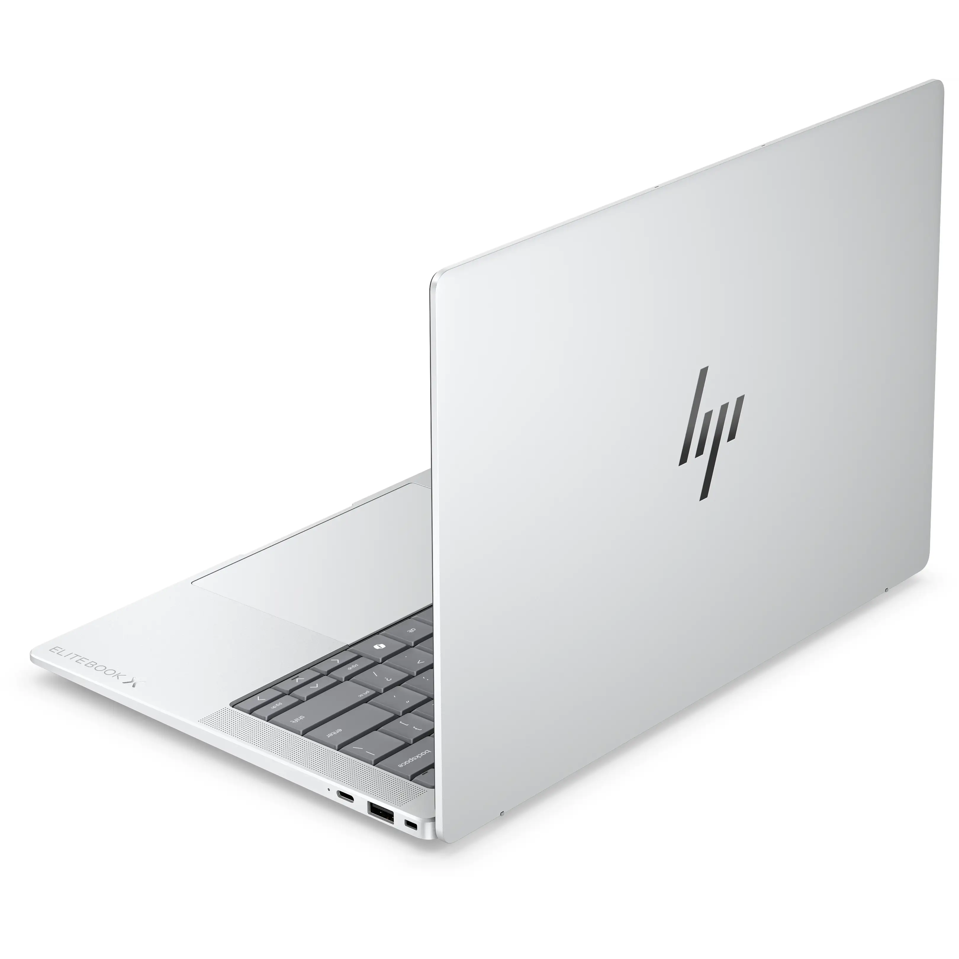 Un computer portatile HP EliteBook argento aperto visto da dietro su sfondo bianco.
