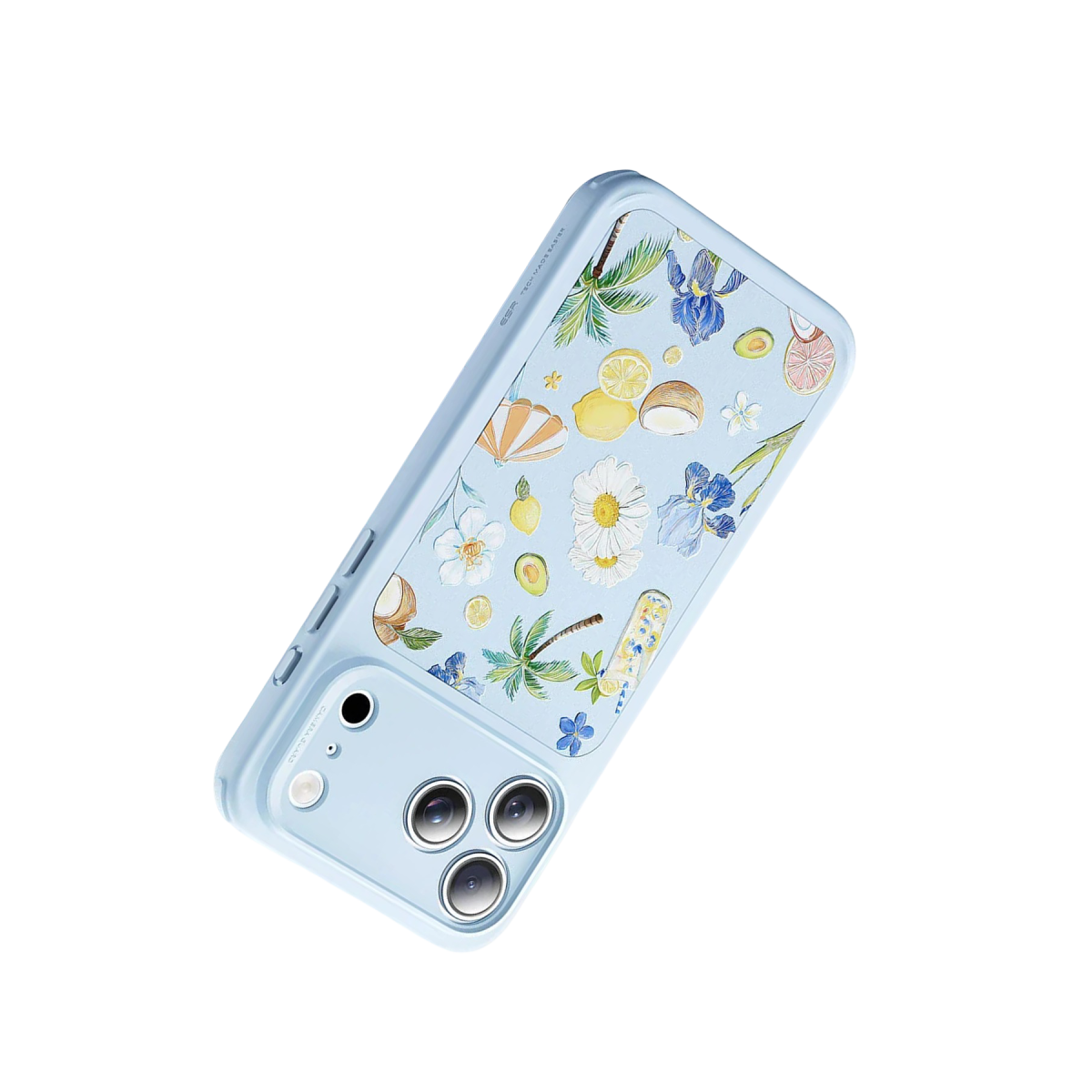 Siyah arka plan üzerinde palmiye, çiçek ve meyve içeren yaz desenli açık mavi telefon kılıfı.