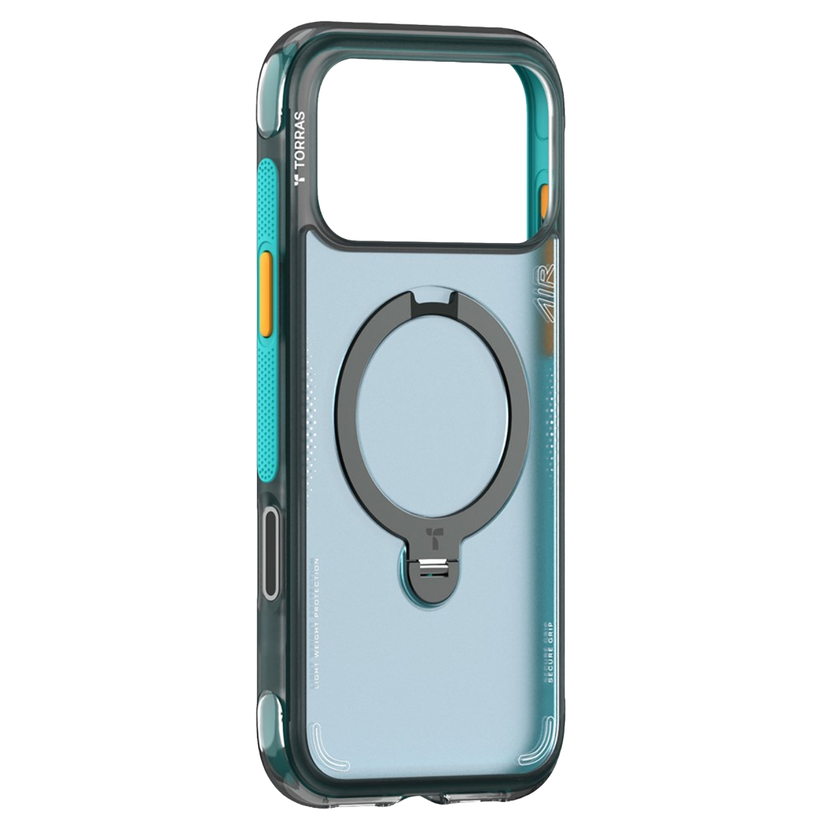 Koyu gri manyetik halka standa, camgöbeği detaylara ve turuncu yan tuşlara sahip şeffaf koruyucu telefon kılıfı.