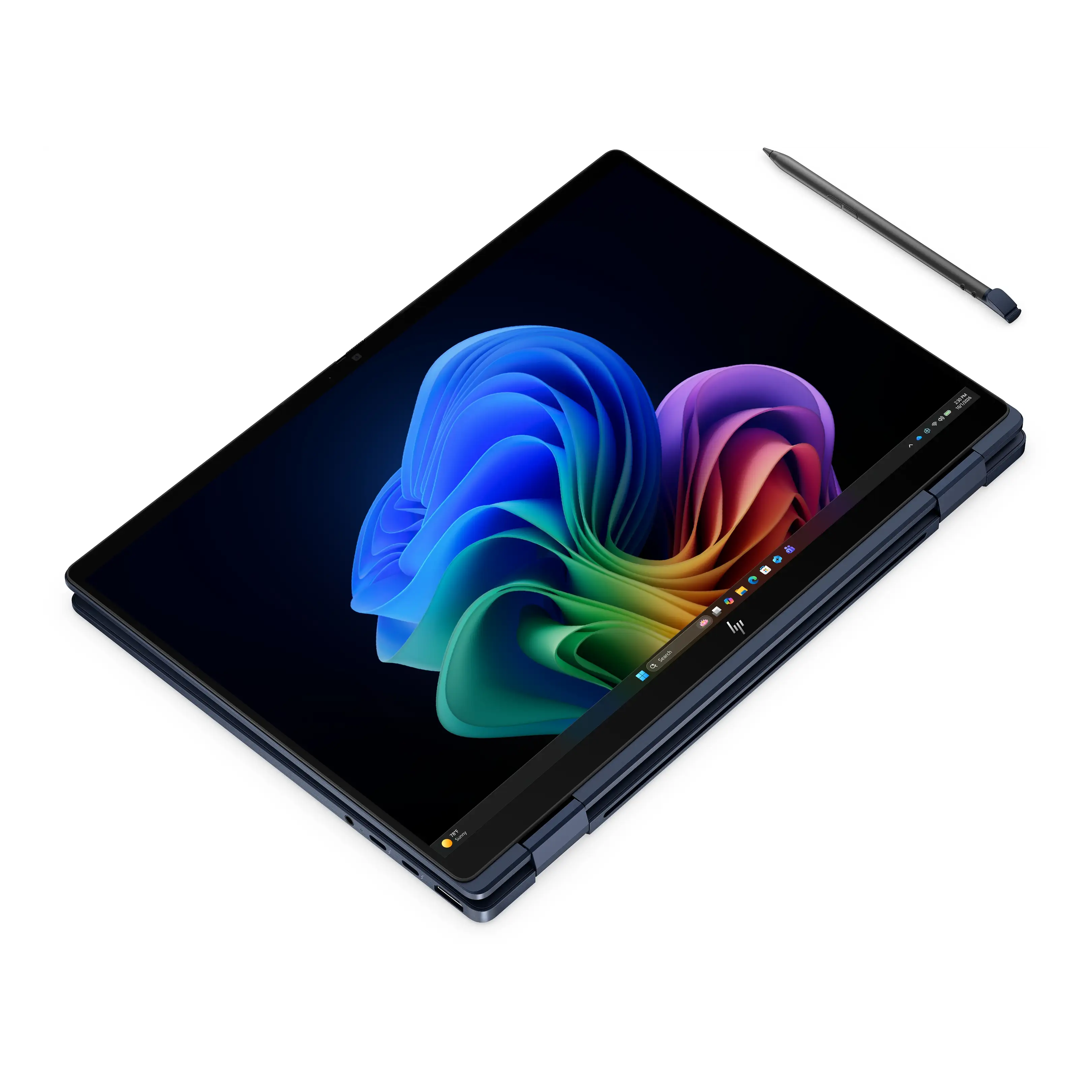 Un computer portatile convertibile blu con schermo colorato e stilo accanto.