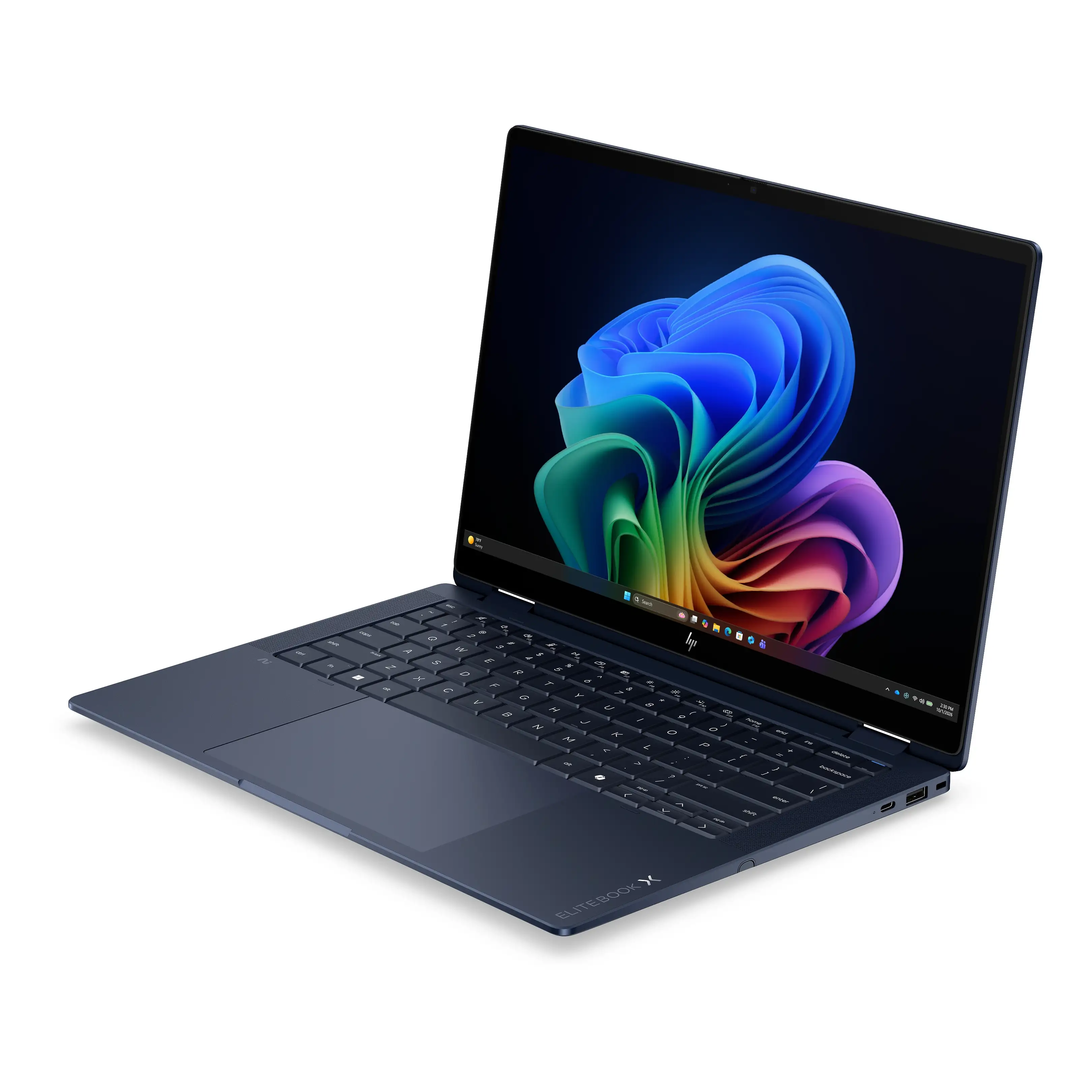 Laptop HP EliteBook blu scuro con schermo aperto che mostra una grafica astratta e colorata.