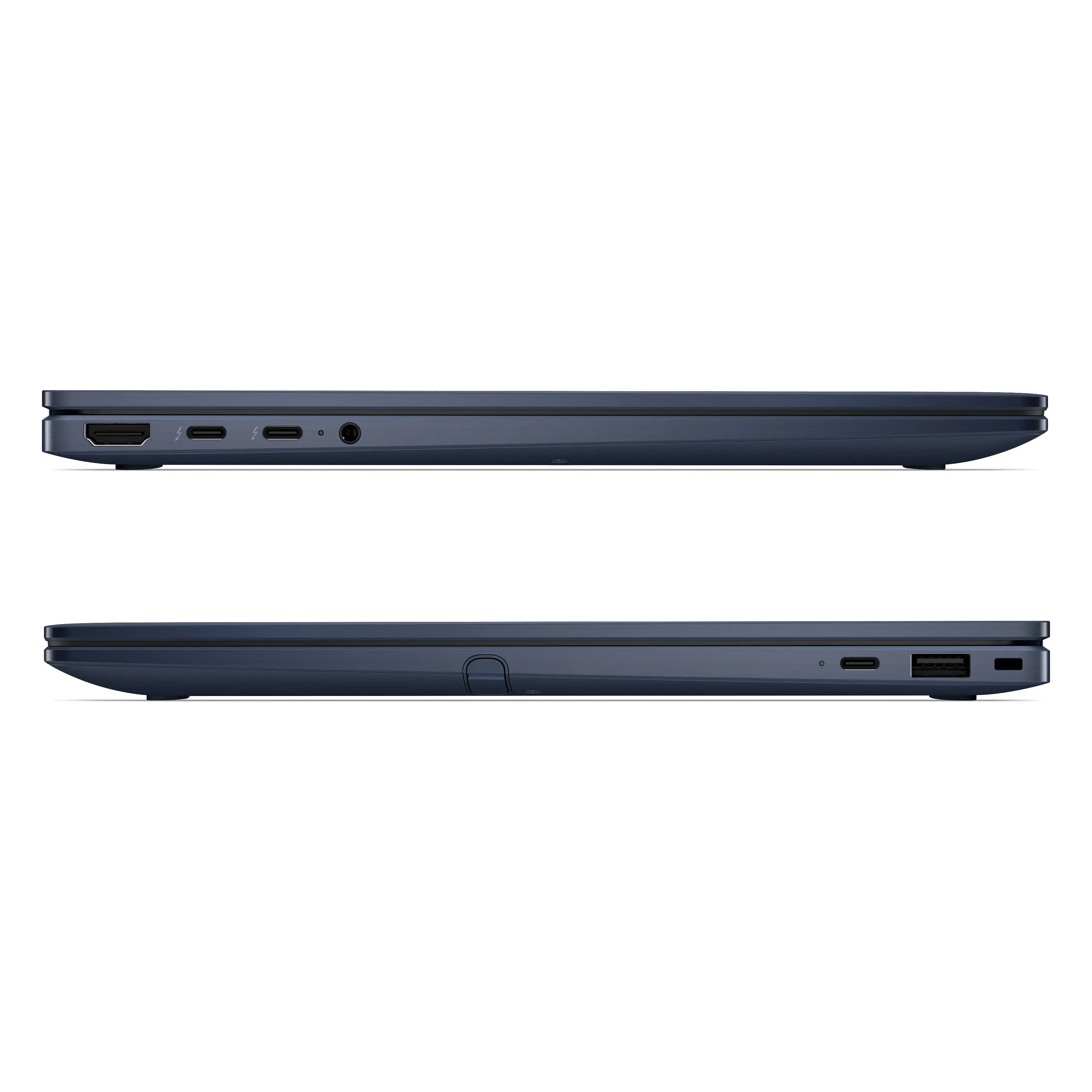 Viste laterali di un laptop blu che mostrano varie porte tra cui HDMI, USB-C e USB-A.