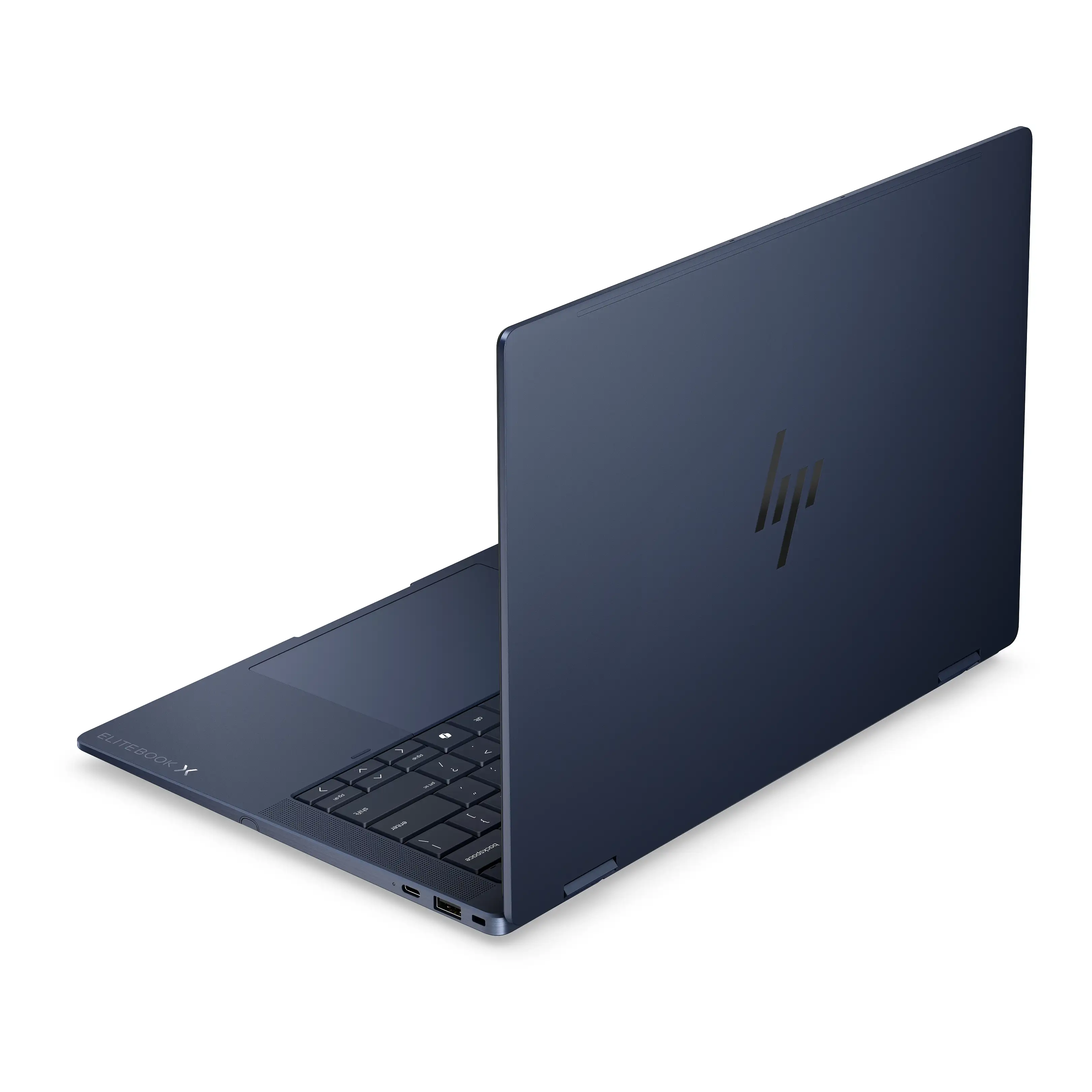 Un computer portatile HP EliteBook X blu è aperto su una superficie bianca, con il logo HP visibile.