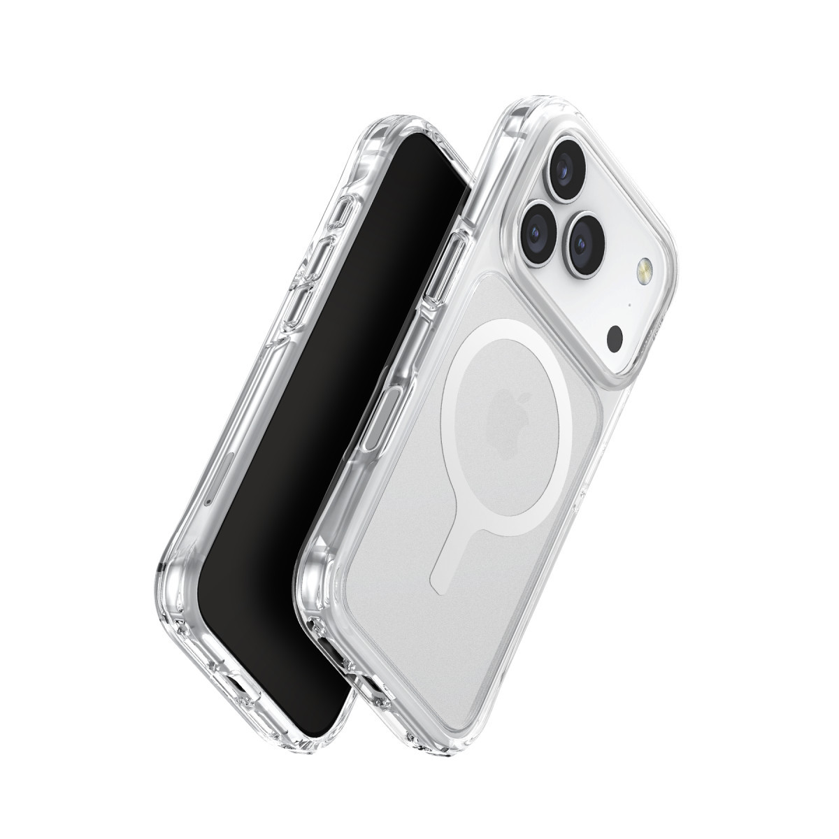 Beyaz arka planda ön ve arka yüzü gösteren şeffaf MagSafe kılıflı bir akıllı telefon.