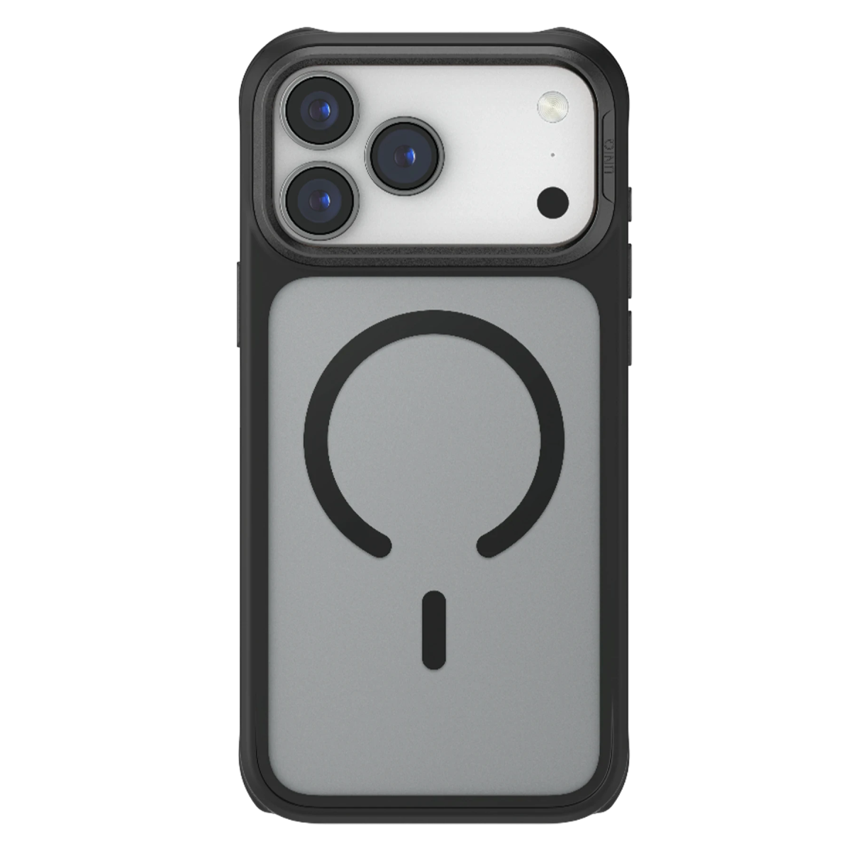 Kamera kesikli ve arkasında MagSafe halkası olan siyah akıllı telefon kılıfı.