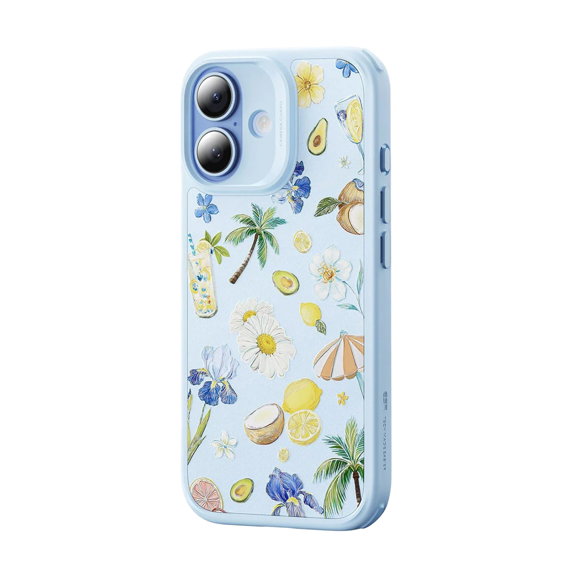 Palmiyeler, çiçekler ve limonlar gibi suluboya yaz motifleriyle süslenmiş açık mavi telefon kılıfı.