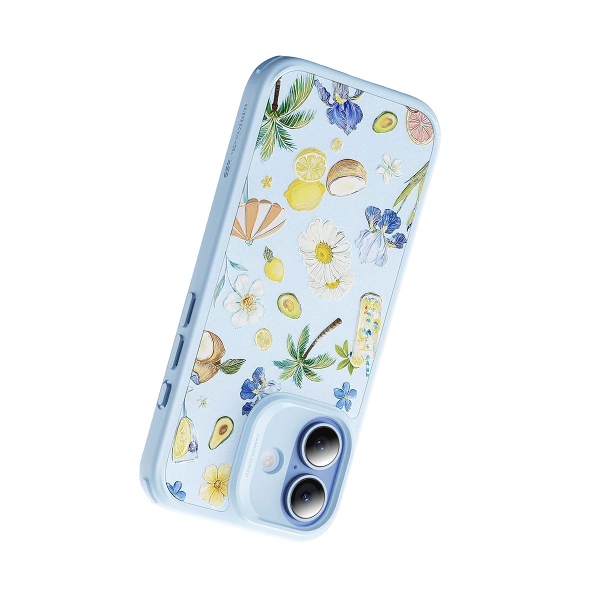 Siyah arka planda limonlar, palmiye ağaçları, çiçekler ve avokadolardan oluşan yaz desenli açık mavi telefon kılıfı.