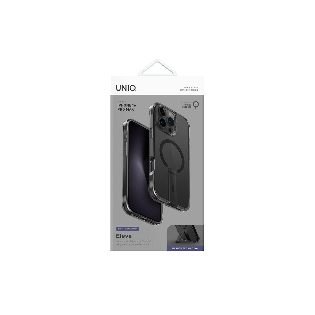 UNIQ marka dahili standlı şeffaf iPhone 16 Pro Max koruyucu kılıf ambalajı.