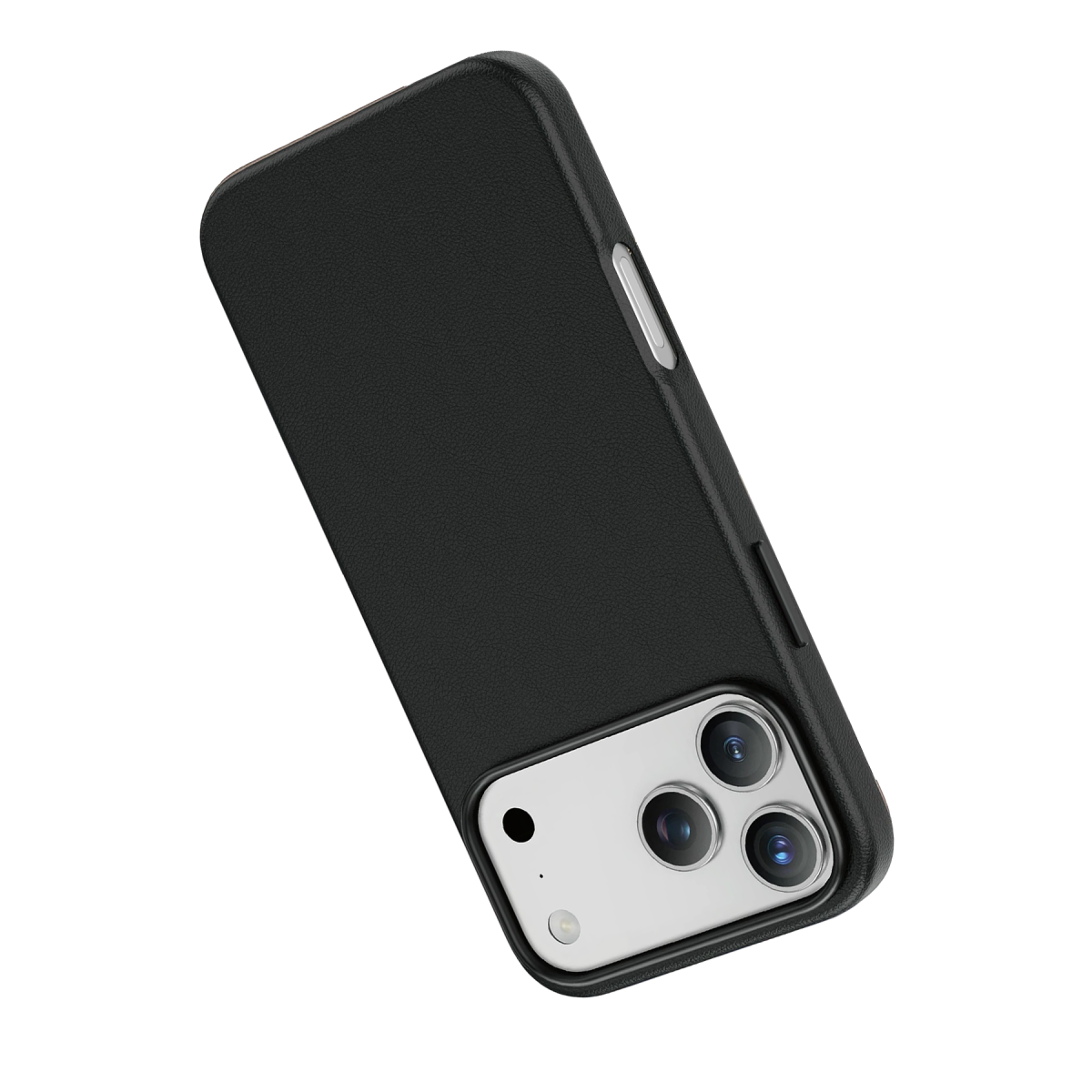 Siyah arka plan üzerinde deri kılıflı ve gümüş kamera modüllü siyah bir akıllı telefon.