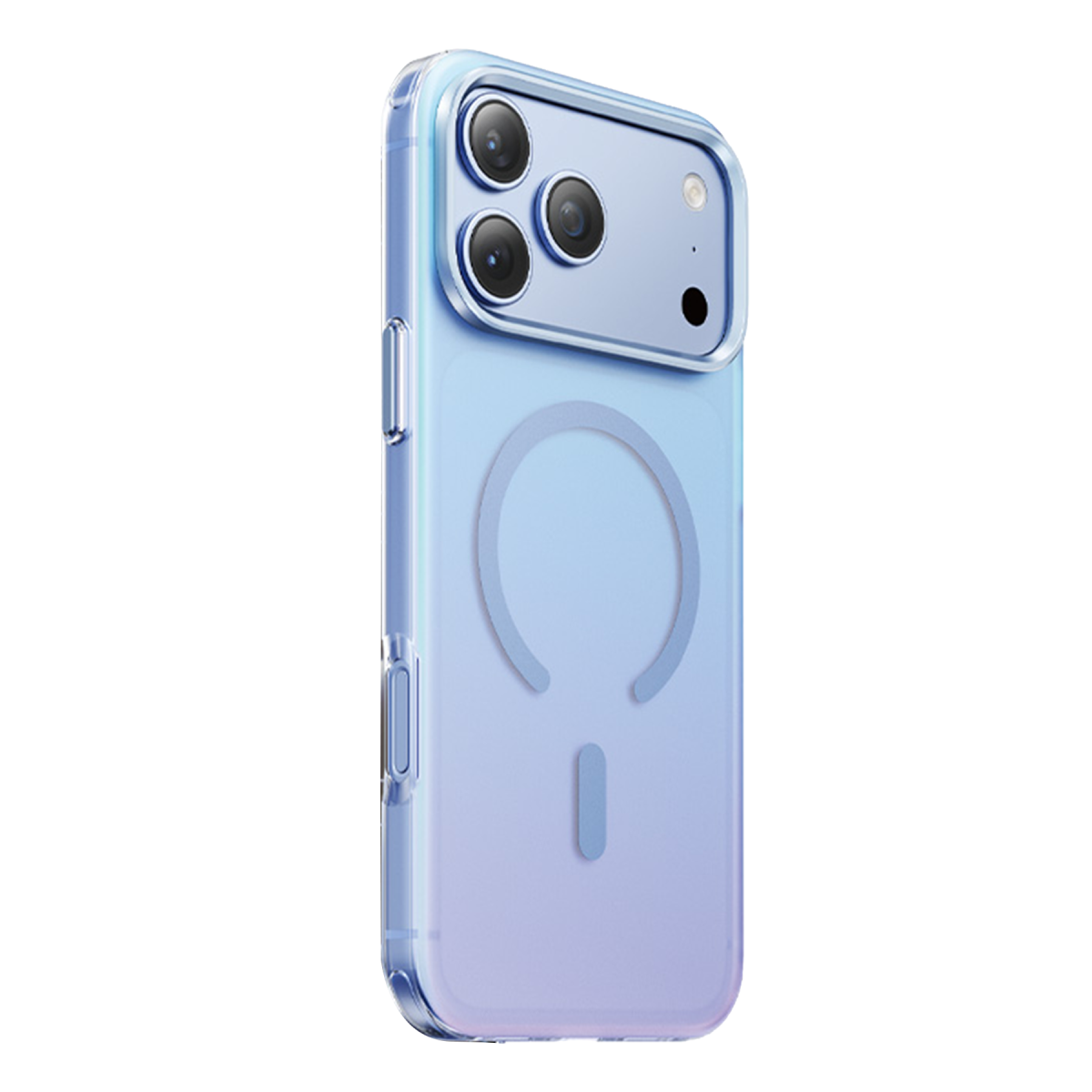 Siyah arka plan üzerinde üçlü kamera ve dairesel MagSafe logosuna sahip mavi akıllı telefon arka yüzü.