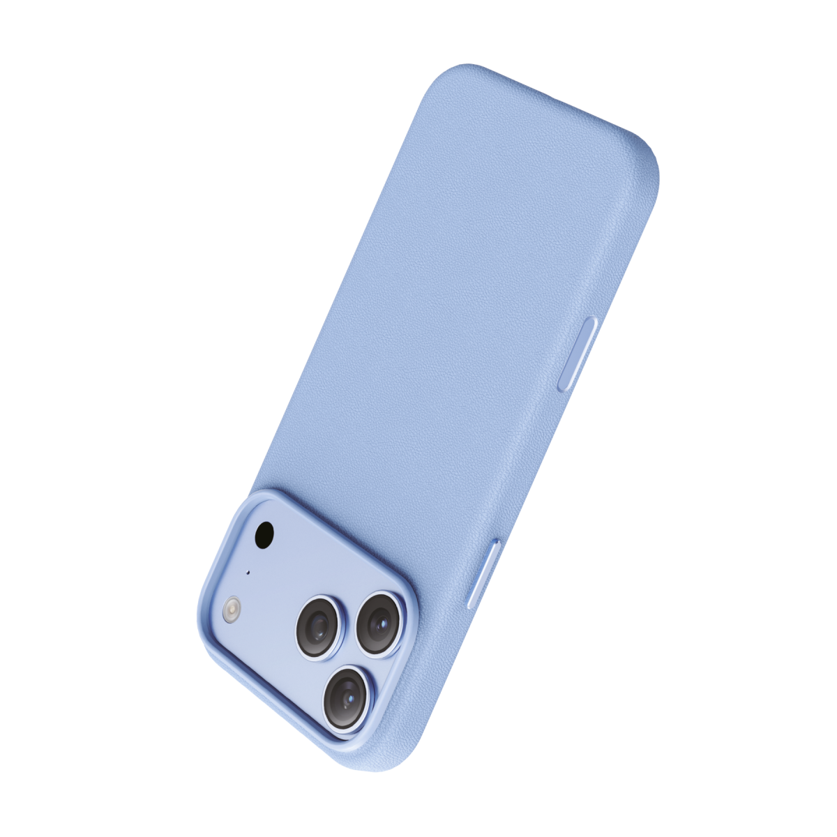 Siyah bir arka plan üzerinde, kılıflı ve üç arka kameralı açık mavi bir akıllı telefon.