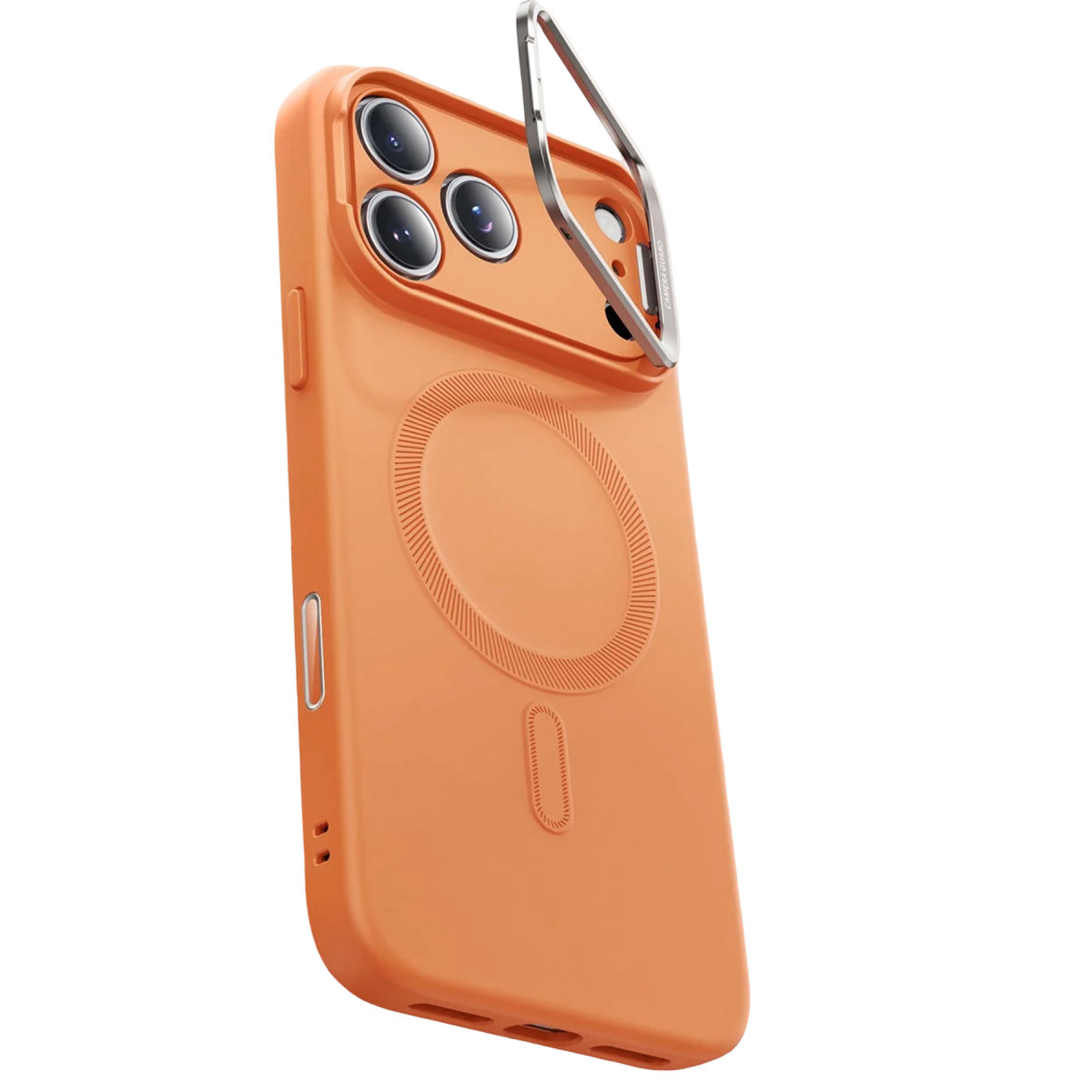 Beyaz arka planda entegre gümüş kamera standına sahip turuncu bir akıllı telefon kılıfı.
