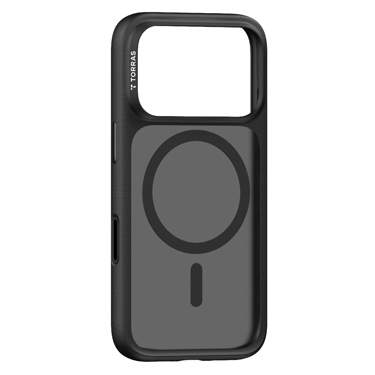 Siyah arka plan üzerinde MagSafe halkalı ve Torras logolu siyah koruyucu telefon kılıfı.