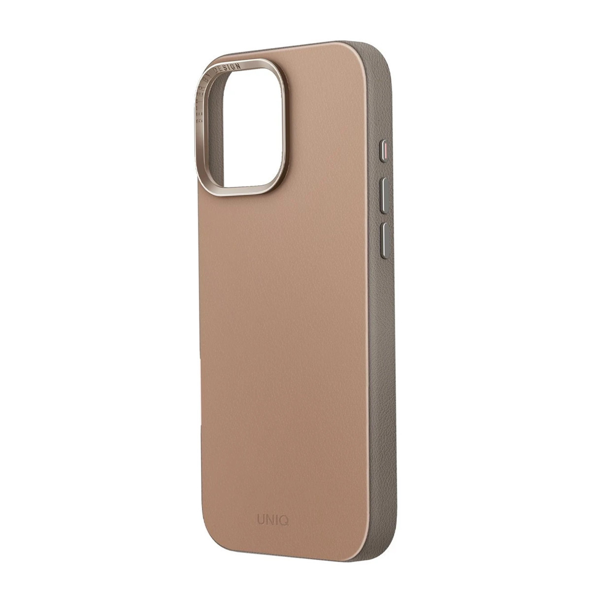 Metal kamera çerçeveli ve yan tuşlu kahverengi akıllı telefon kılıfı.