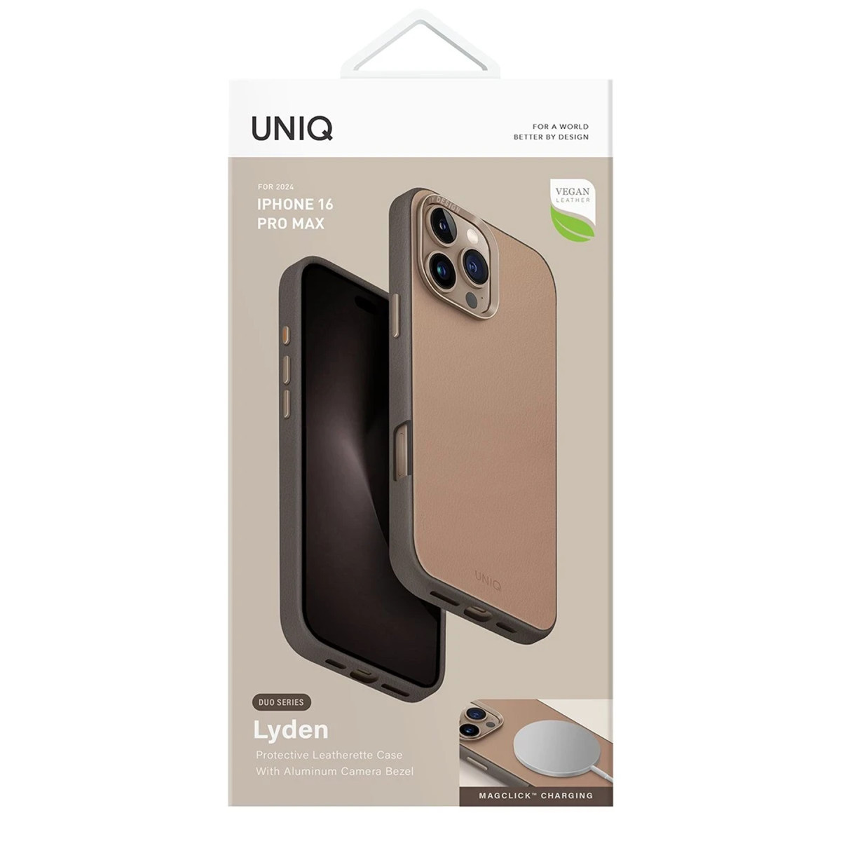 Kahverengi Uniq Lyden deri kılıf ve MagSafe şarj eklentisi içeren iPhone 16 Pro Max ambalajı.