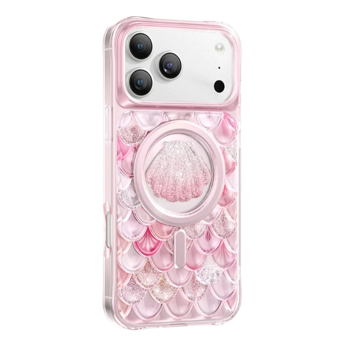 Ortasında parıltılı sedef tasarımı ve parlak balık pulları olan pembe akıllı telefon kılıfı.