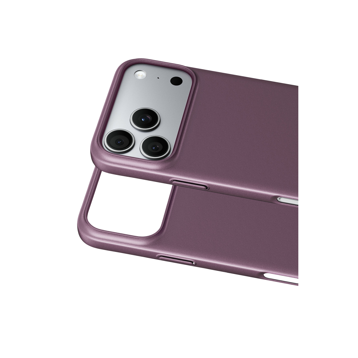 Siyah arka plan üzerinde kamera modüllü iki mor iPhone kılıfı.