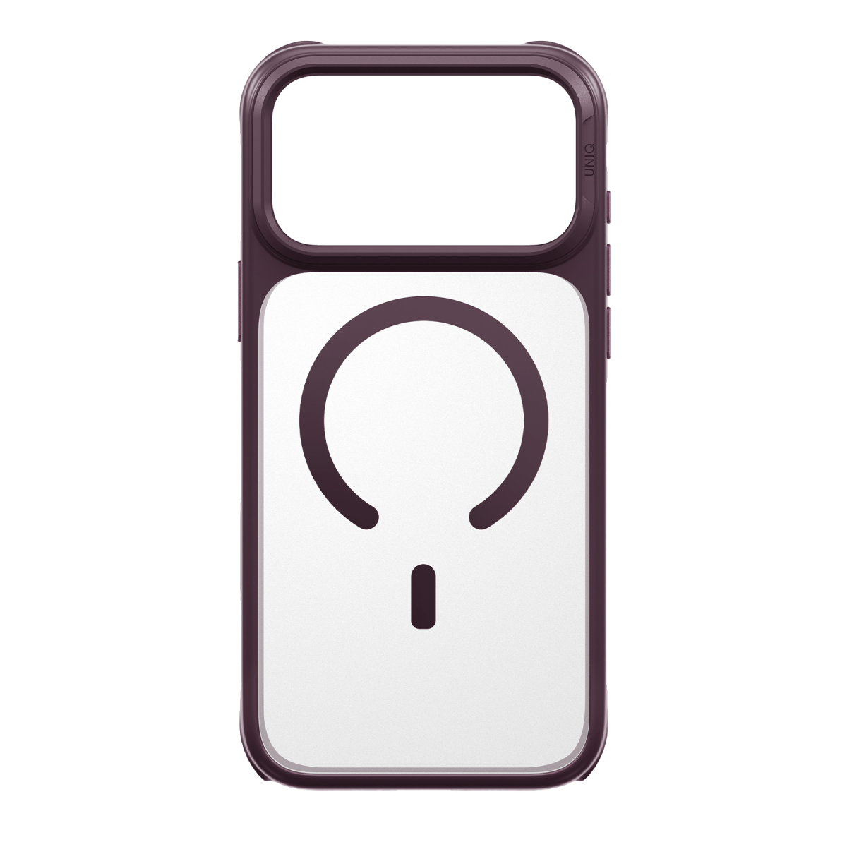 Siyah arka plan önünde arkasında dairesel MagSafe simgesi bulunan koyu renkli telefon kılıfı.