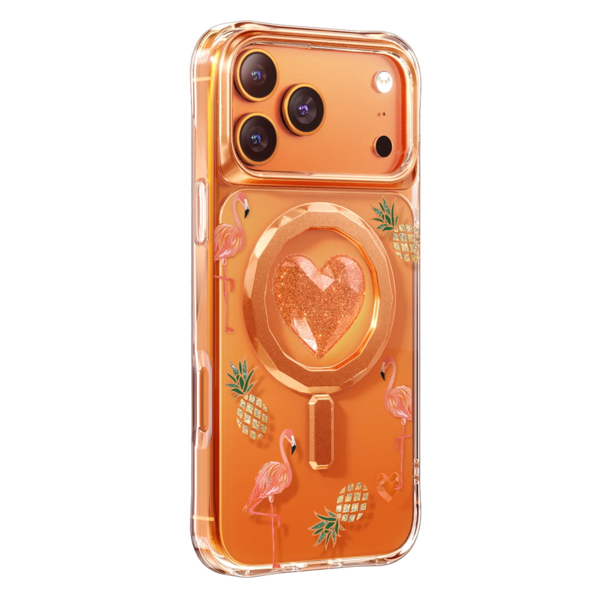 Flamingolar, ananaslar ve parıltılı kalpli turuncu telefon kılıfı.