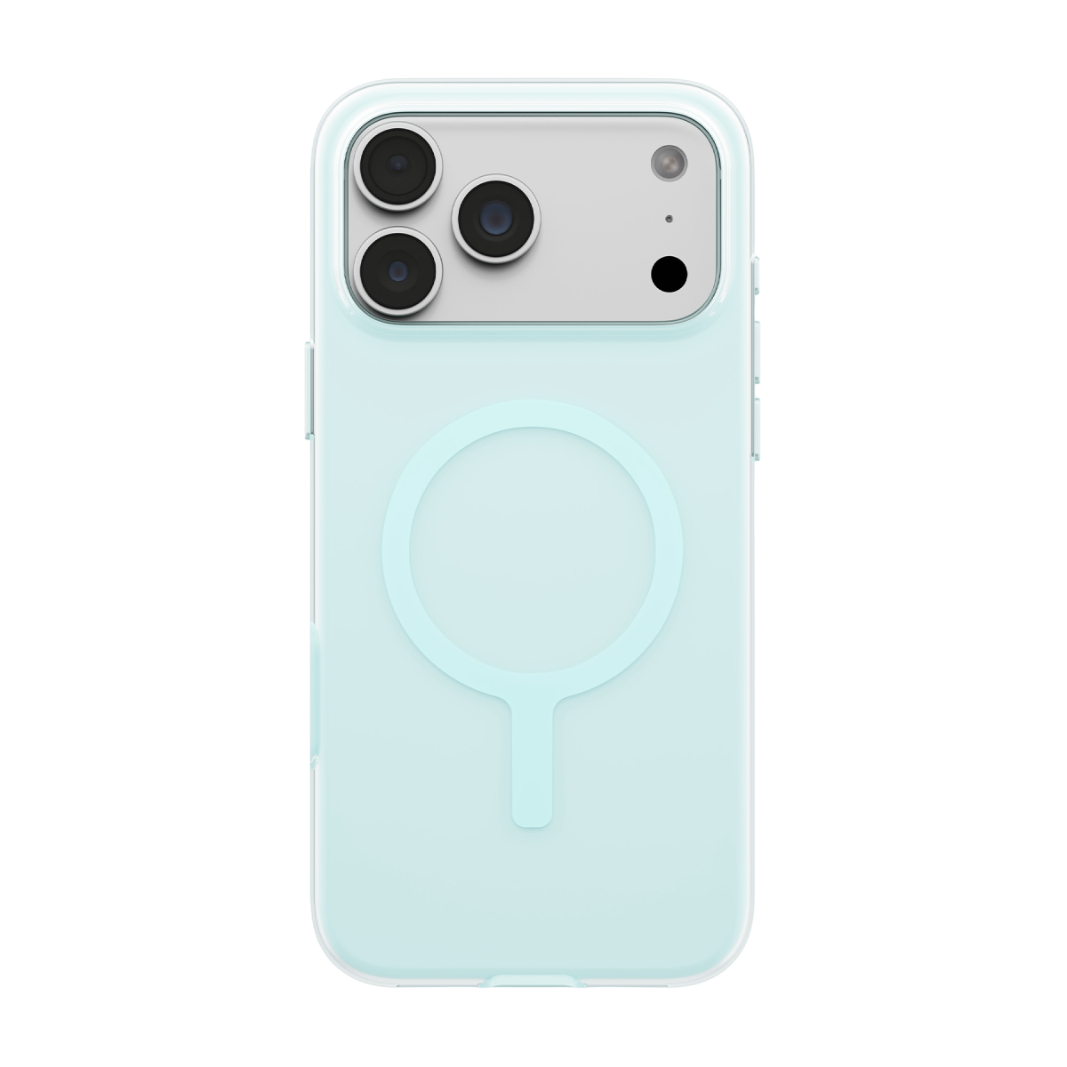 Arkada yuvarlak MagSafe işaretine ve üçlü kameraya sahip koruyucu kılıf içindeki açık mavi akıllı telefon.