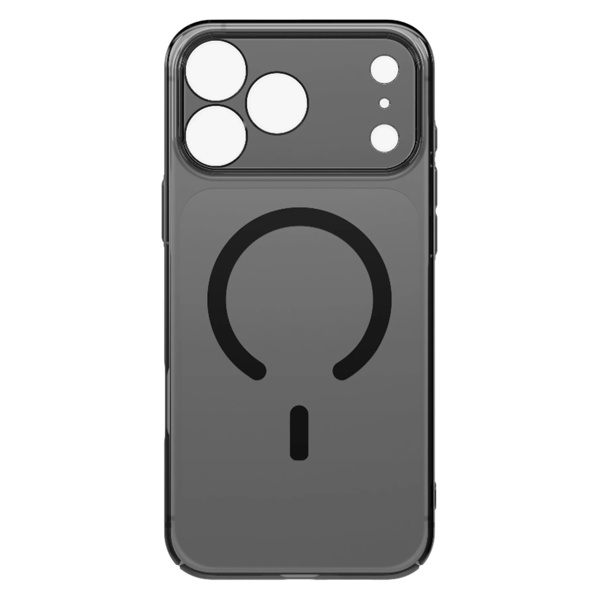Siyah arka plan üzerinde manyetik halkalı ve kamera kesikli siyah şeffaf akıllı telefon kılıfı.