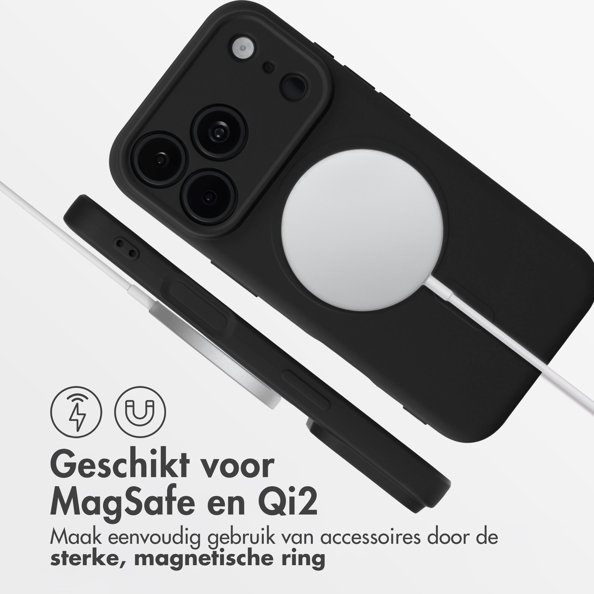 A black phone case with a MagSafe ring on the back, shown next to its side profile on a white background.