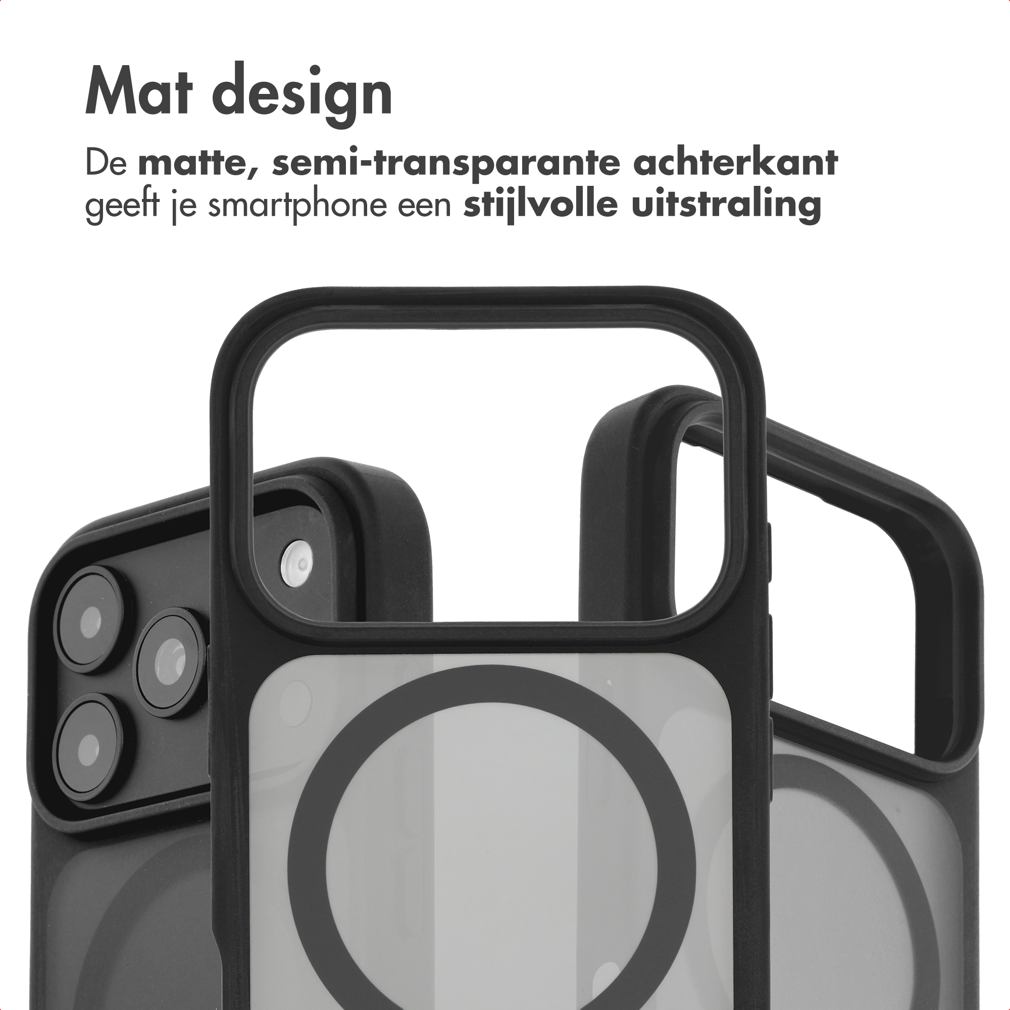 Trois coques de smartphone noires au design mat et semi-transparent sur fond blanc et texte.