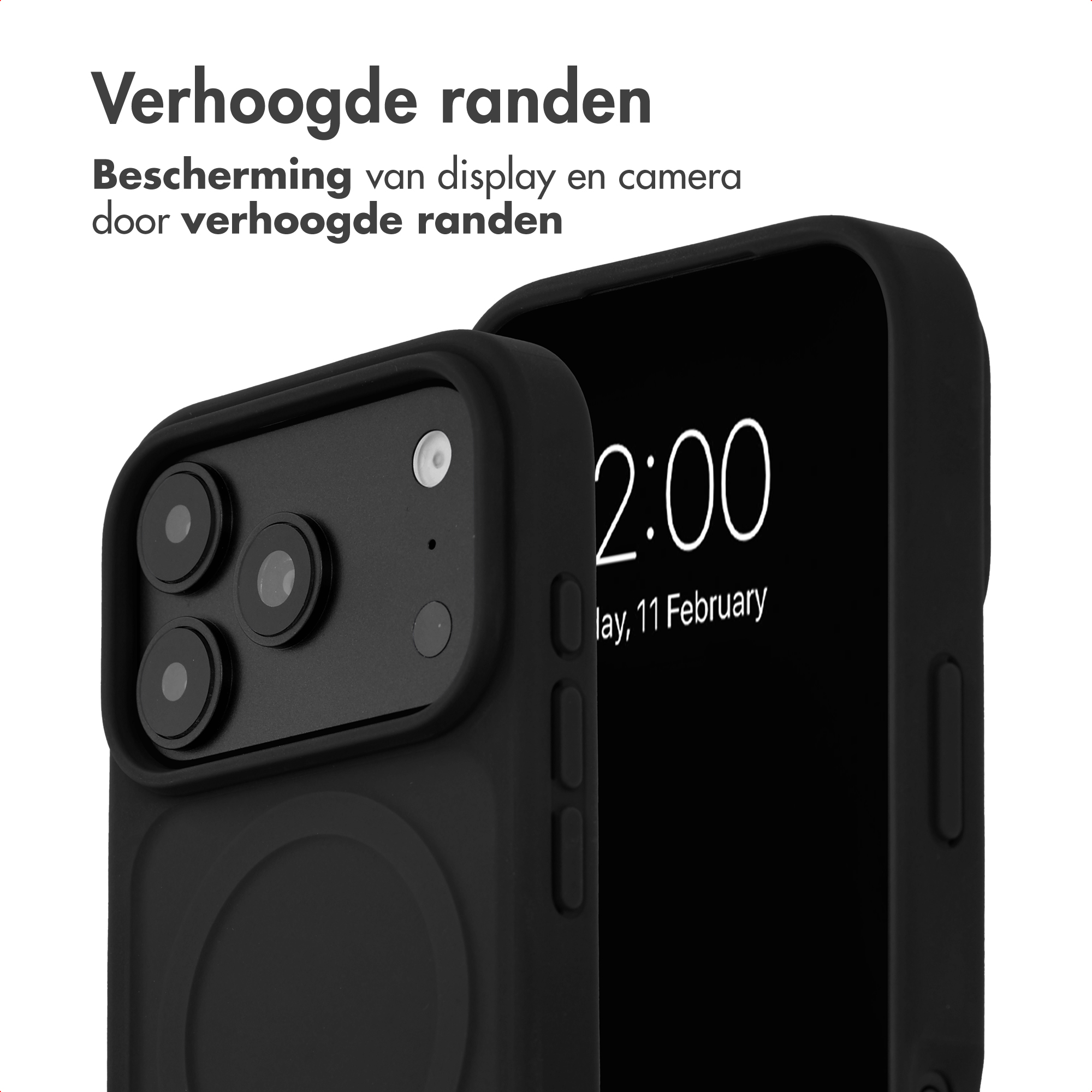 Une coque de smartphone noire avec des bords surélevés protégeant l'appareil photo et l'écran.