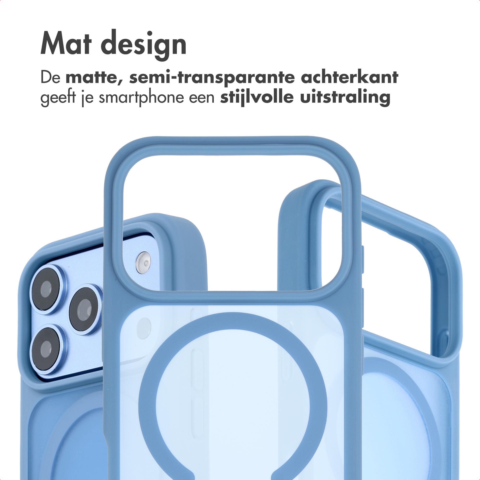Coques de smartphone bleues avec dos mat semi-transparent et anneau MagSafe intégré.