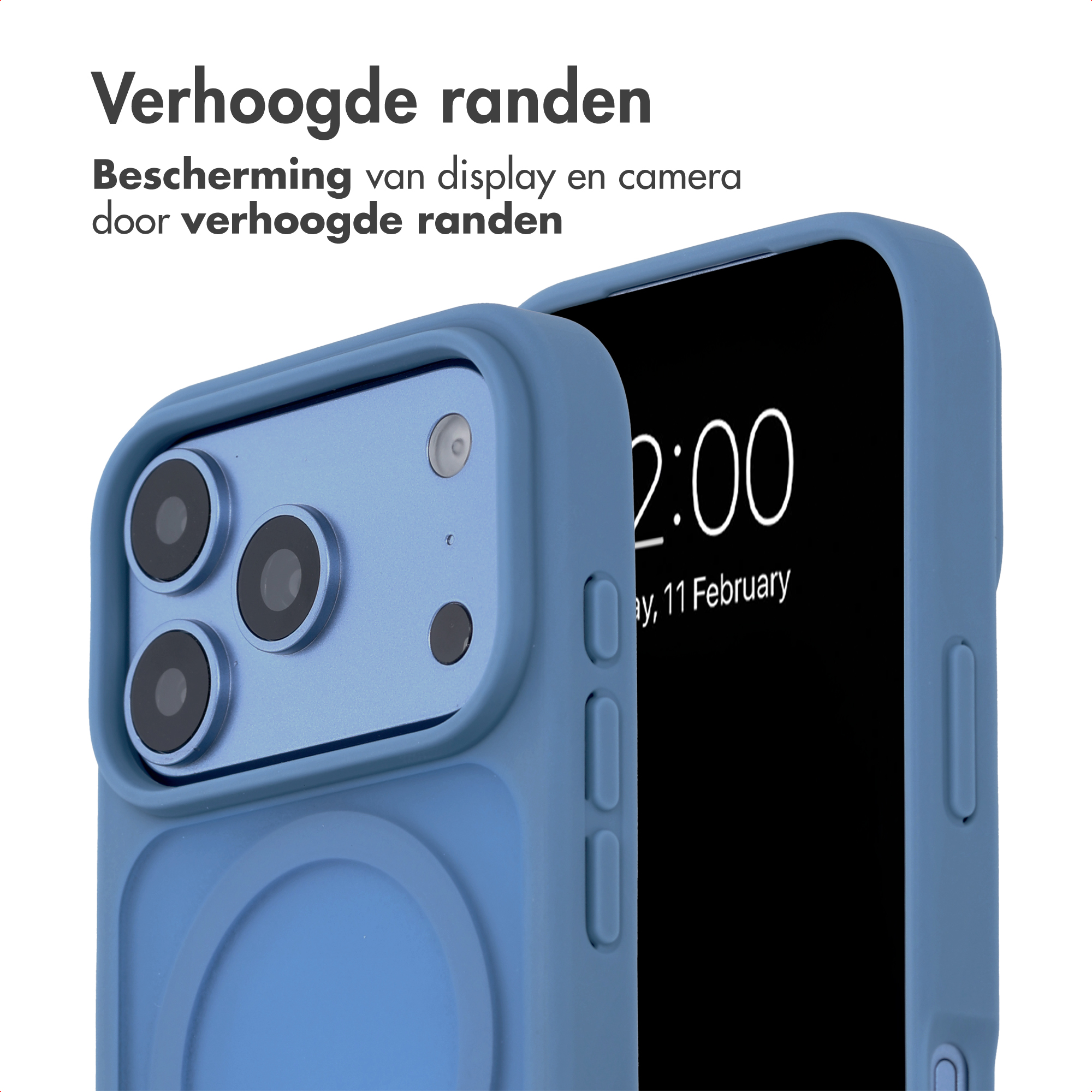 Coque de téléphone bleue en silicone avec des bords surélevés protégeant l'appareil photo.