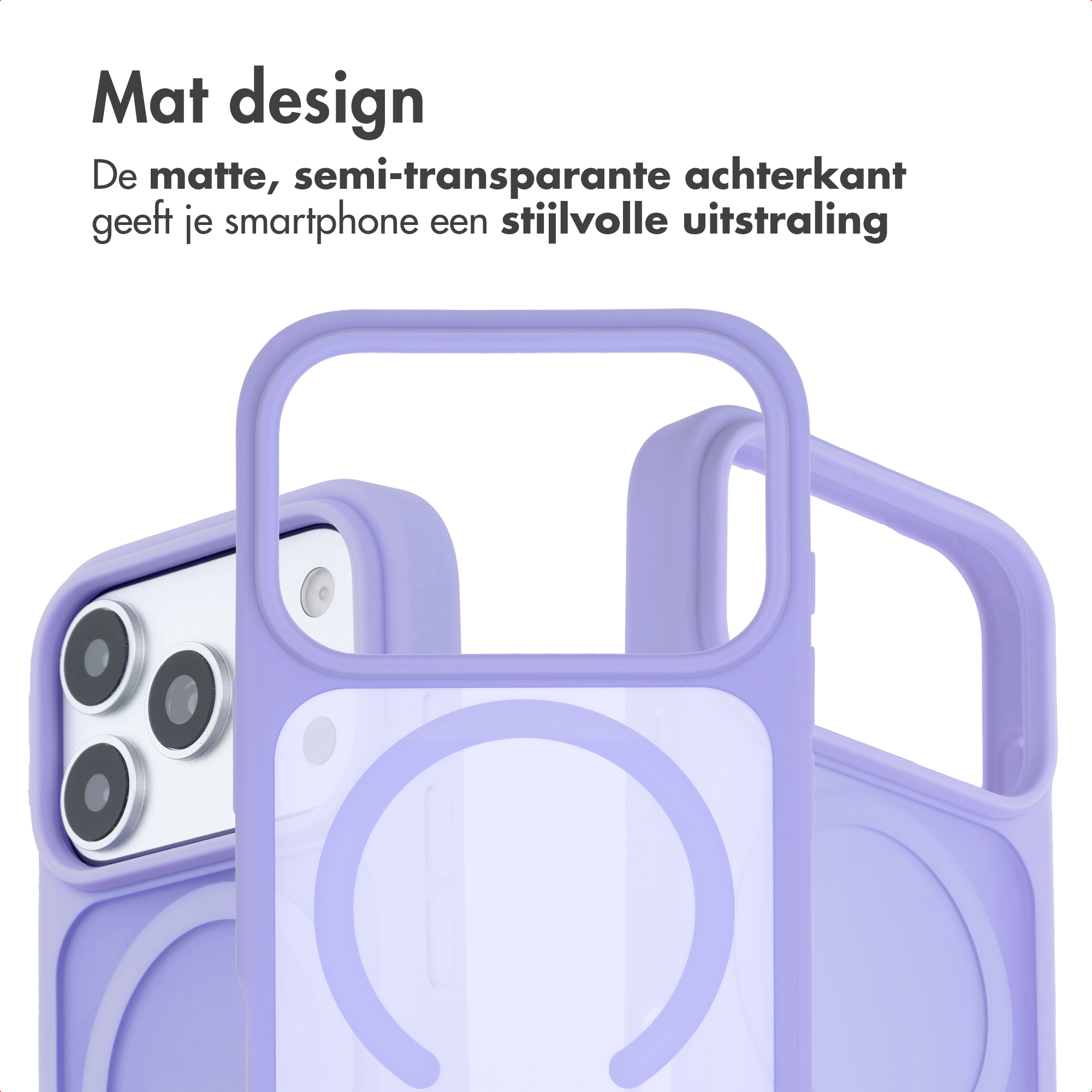 Trois coques de smartphone violet clair avec dos mat semi-transparent et découpes d'appareil photo sur fond blanc.