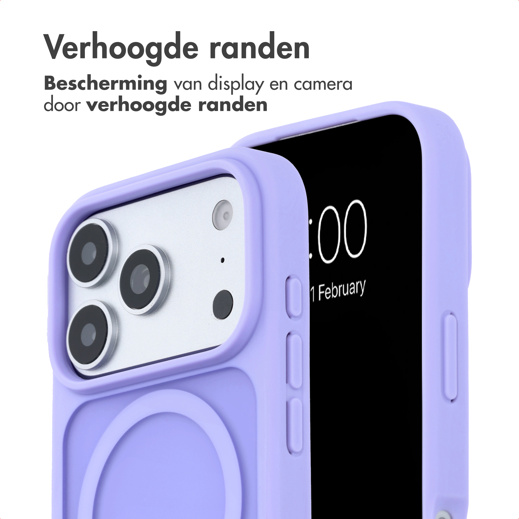 Une coque de téléphone violet clair montre des bords surélevés pour la protection de l'appareil photo et de l'écran.