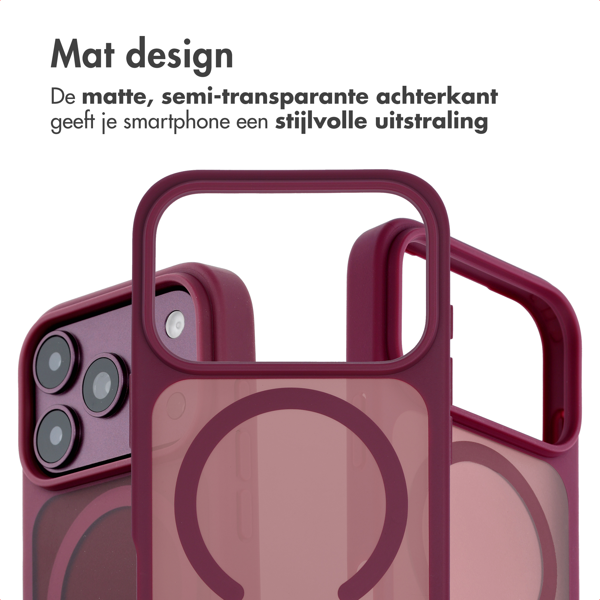 Trois coques de smartphone rouge foncé avec design mat semi-transparent et motif circulaire sur fond blanc.