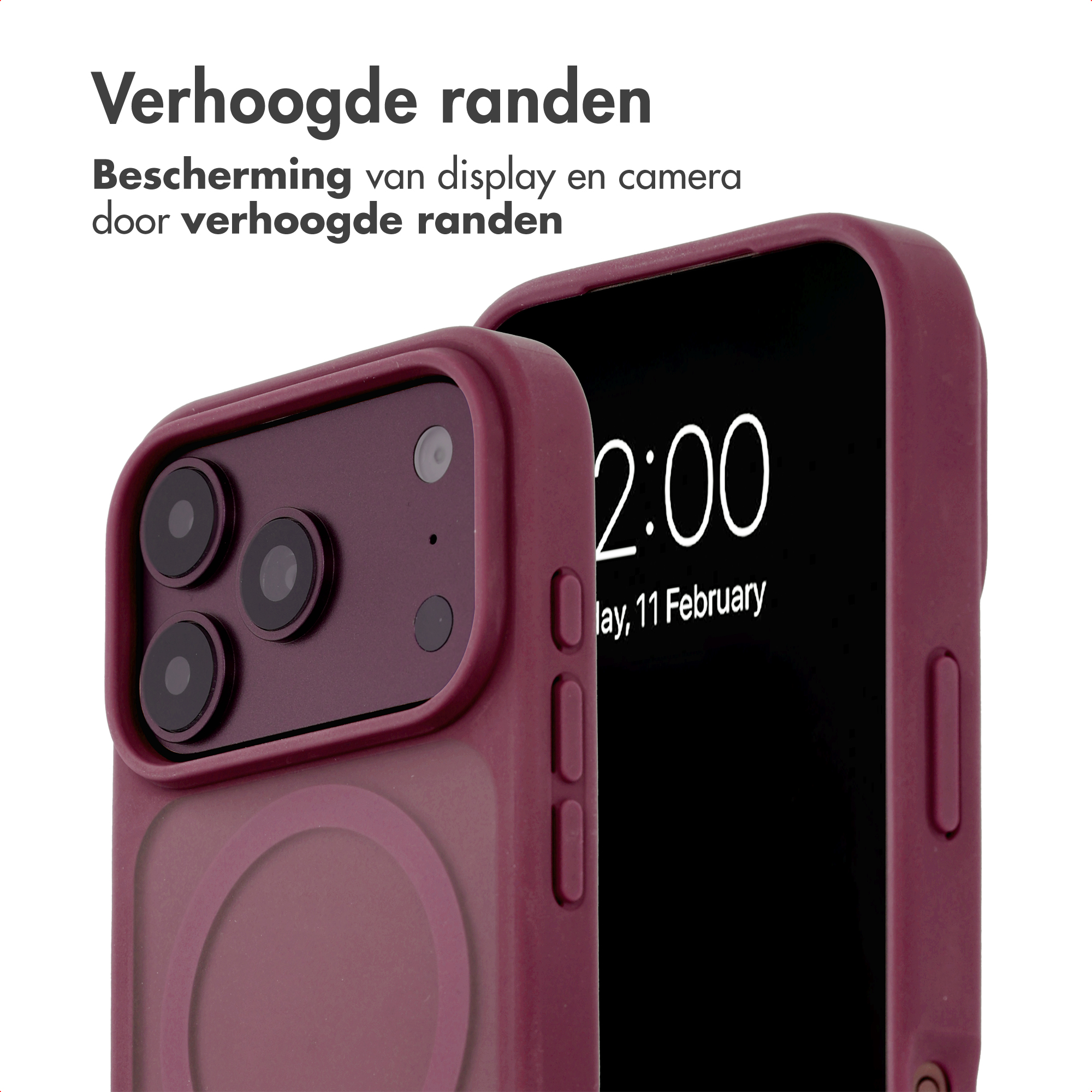 Smartphone violet dans une coque de protection aux bords surélevés pour écran et caméra.